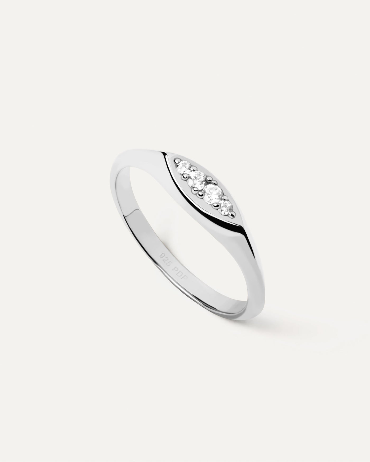 2023 Selection |  Gala Stamp Silver Ring. Sterling silver slim signet ring set with eye shape white zirconia multi-stone cluster. Get the latest arrival from PDPAOLA. Place your order safely and get this Best Seller. Free Shipping.