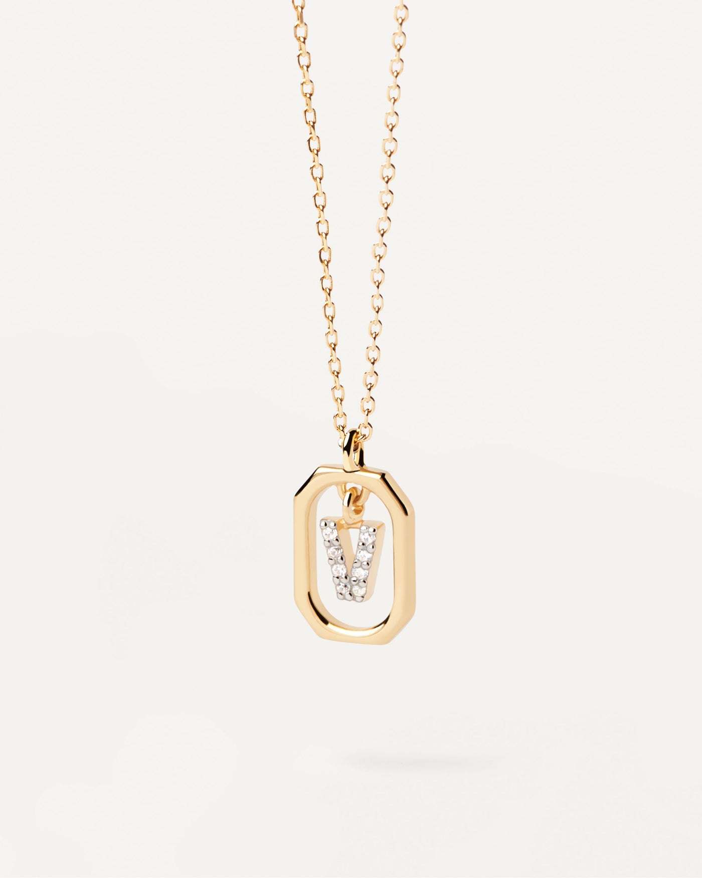 2023 Selection | Mini Letter V Necklace. Small initial V necklace in zirconia inside gold-plated silver octagonal pendant. Get the latest arrival from PDPAOLA. Place your order safely and get this Best Seller. Free Shipping.