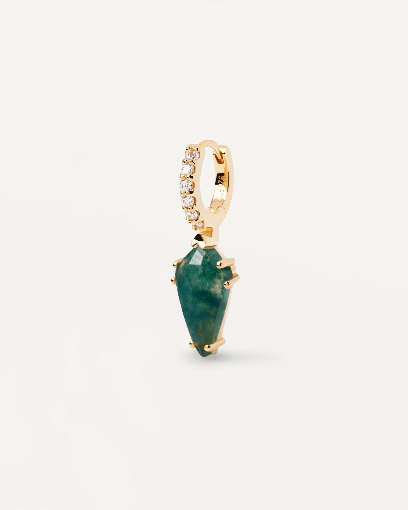 2023 Selection | Naoki Moss Agate Single Earring. Gold-plated hoop ear piercing with white zirconia and dark green pointed gemstone pendant. Get the latest arrival from PDPAOLA. Place your order safely and get this Best Seller. Free Shipping.