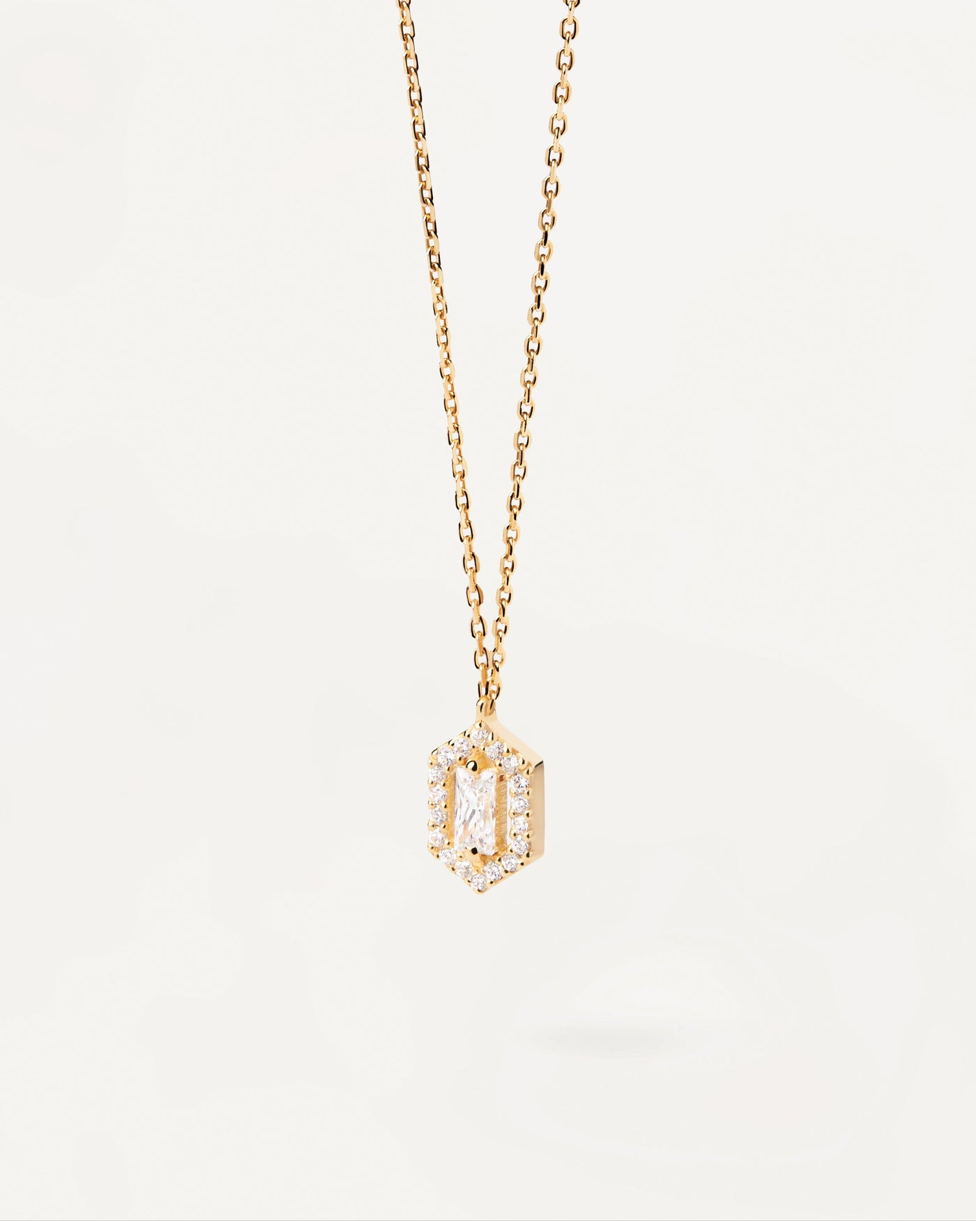 2023 Selection | Sentiment Necklace. Gold-plated necklace with hexagon shape pendant with white zirconia. Get the latest arrival from PDPAOLA. Place your order safely and get this Best Seller. Free Shipping.
