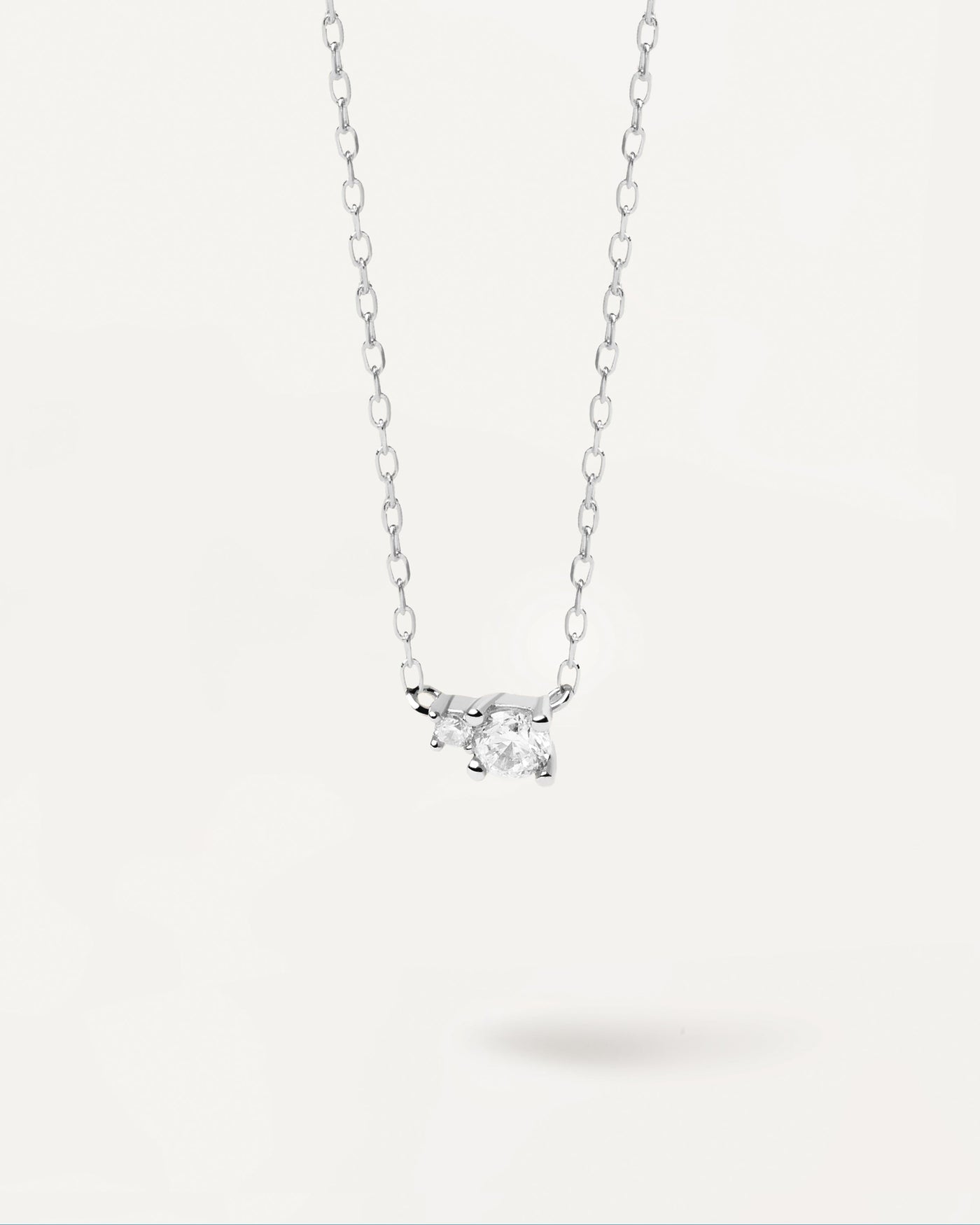 2024 Selection | Diamonds and White Gold Duo Necklace. 18K white gold necklace with two round diamonds of different sizes, equaling 0.11 carats. Get the latest arrival from PDPAOLA. Place your order safely and get this Best Seller. Free Shipping.