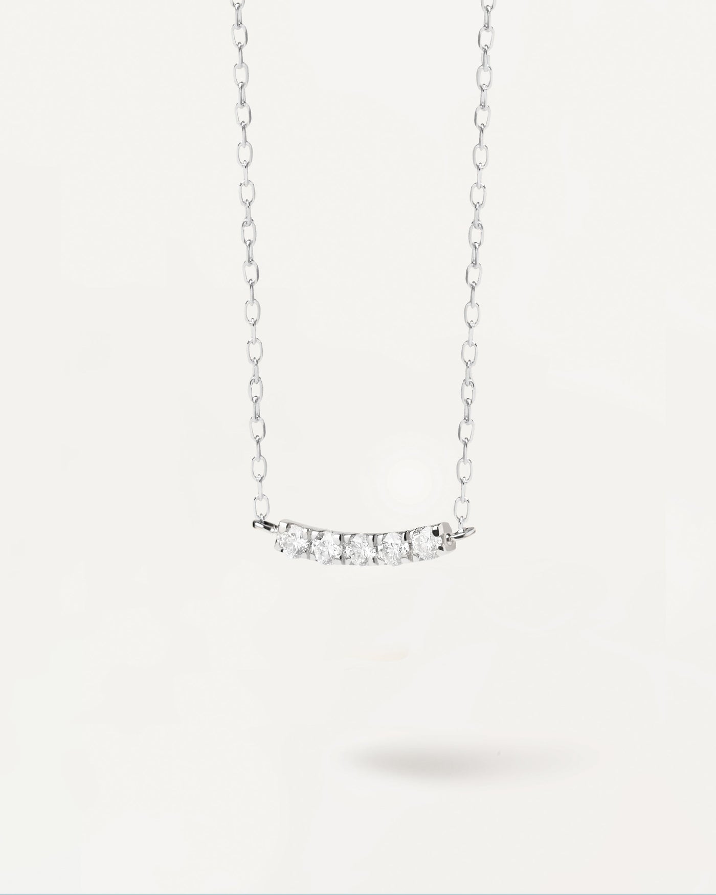 2024 Selection | Diamonds and White Gold Eternity Necklace. Solid white gold necklace with five lab-grown diamonds of fine round cut, making 0.07 carats. Get the latest arrival from PDPAOLA. Place your order safely and get this Best Seller. Free Shipping.