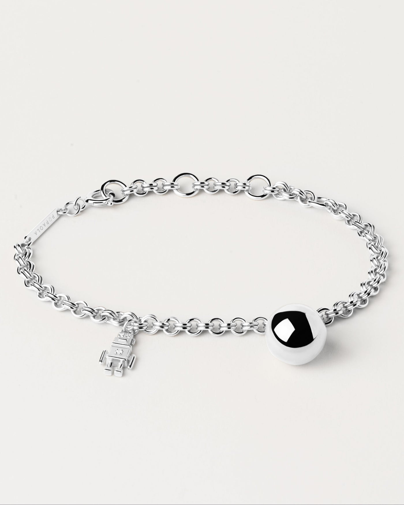 2023 Selection | Space Age Silver Bracelet. 925 silver chain bracelet with robot and ball motives. Get the latest arrival from PDPAOLA. Place your order safely and get this Best Seller. Free Shipping.