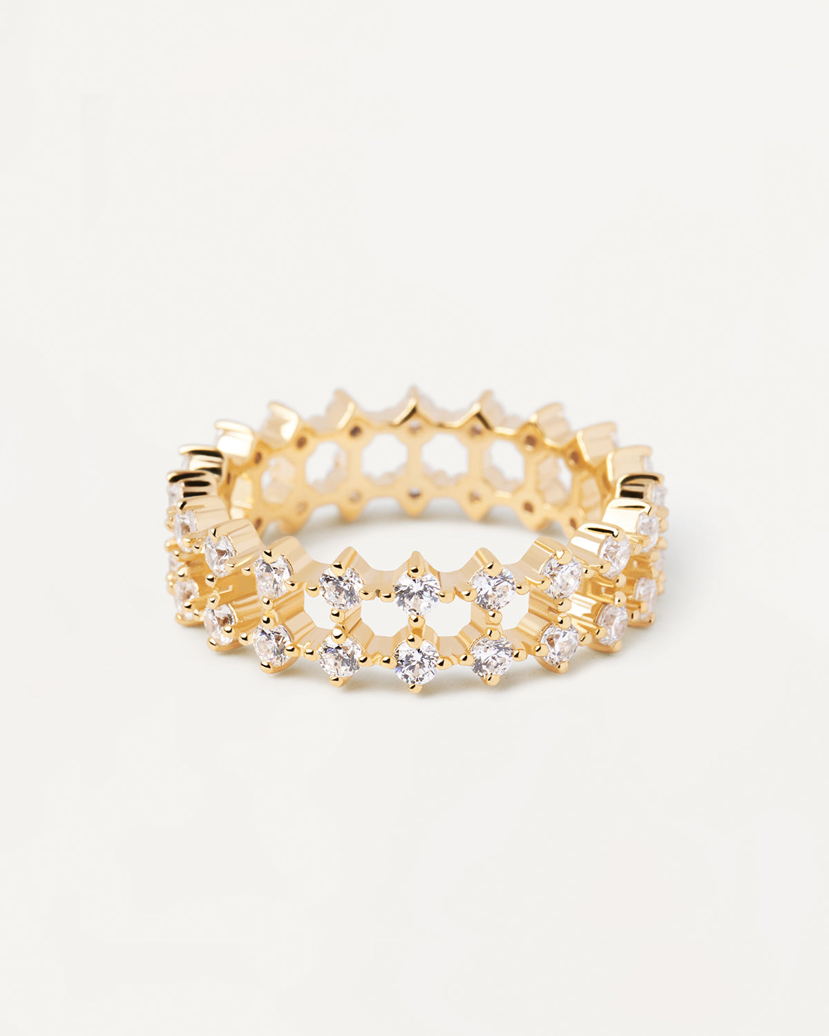 Sortiment 2023 | Slim Dumbo Ring. Doppelter Eternity-Ring aus vergoldetem Silber mit weißen Zirkonias. Erhalten Sie die neuesten Produkte von PDPAOLA. Geben Sie Ihre Bestellung sicher auf und erhalten Sie diesen Bestseller. Kostenloser Versand.