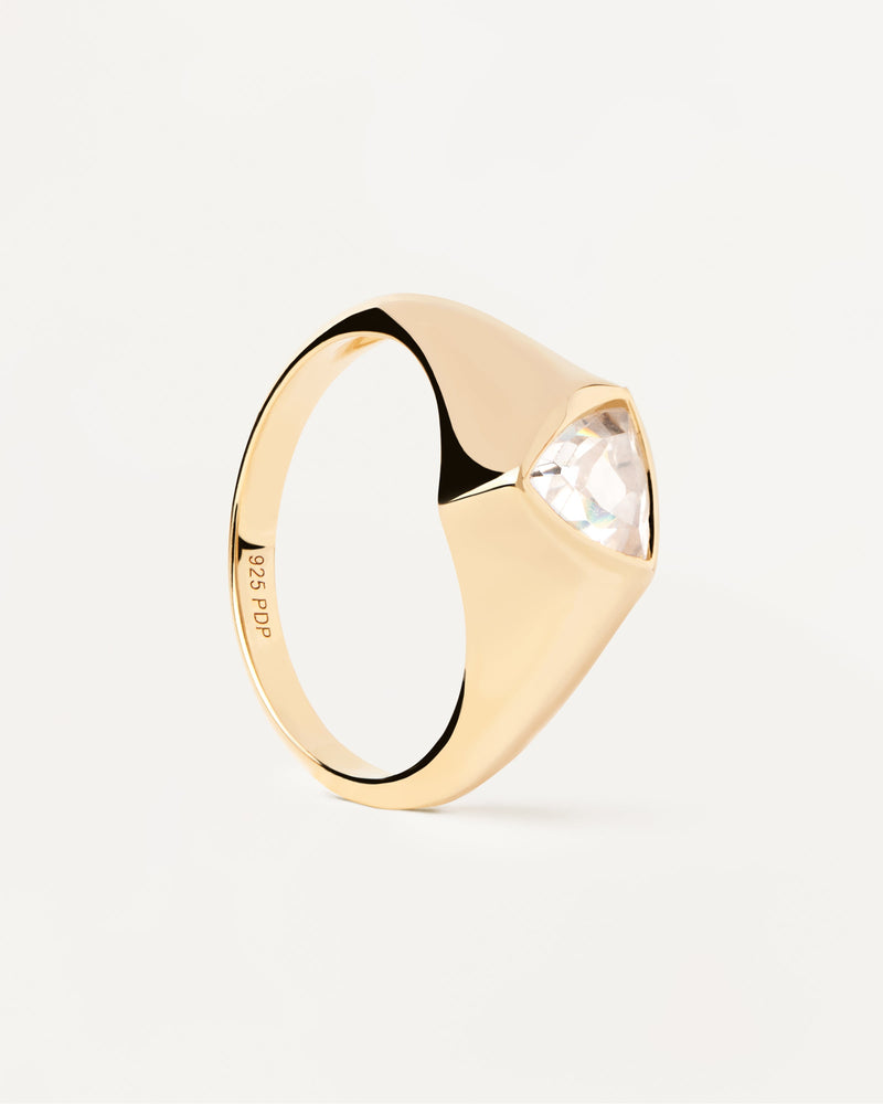 Gold plated silver statement ring with triangular white zirconia Triangle Shimmer Stamp Ring PDPAOLA