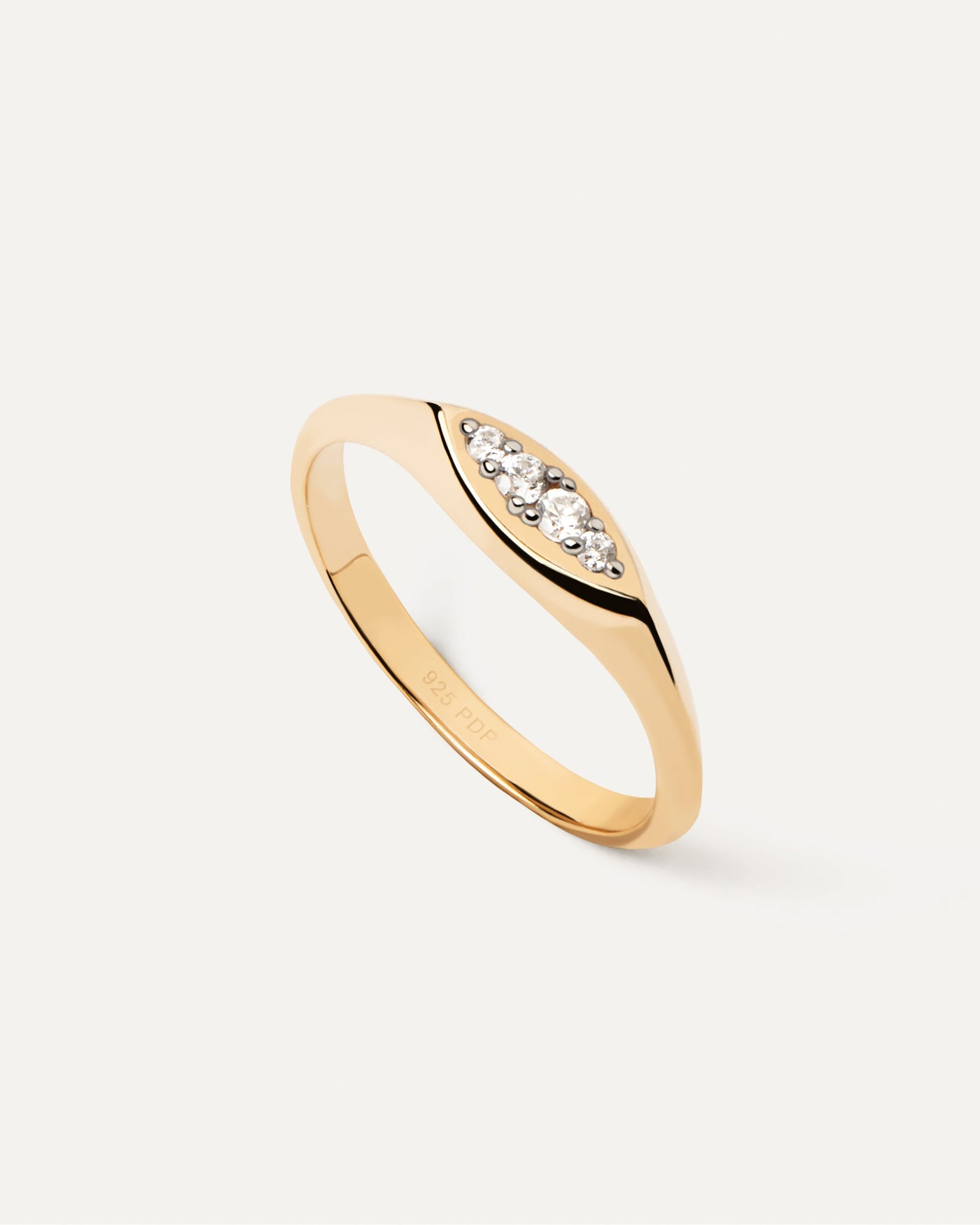 2023 Selection | Gala Stamp Ring. Gold-plated slim signet ring set with eye shape white zirconia multi-stone cluster . Get the latest arrival from PDPAOLA. Place your order safely and get this Best Seller. Free Shipping.