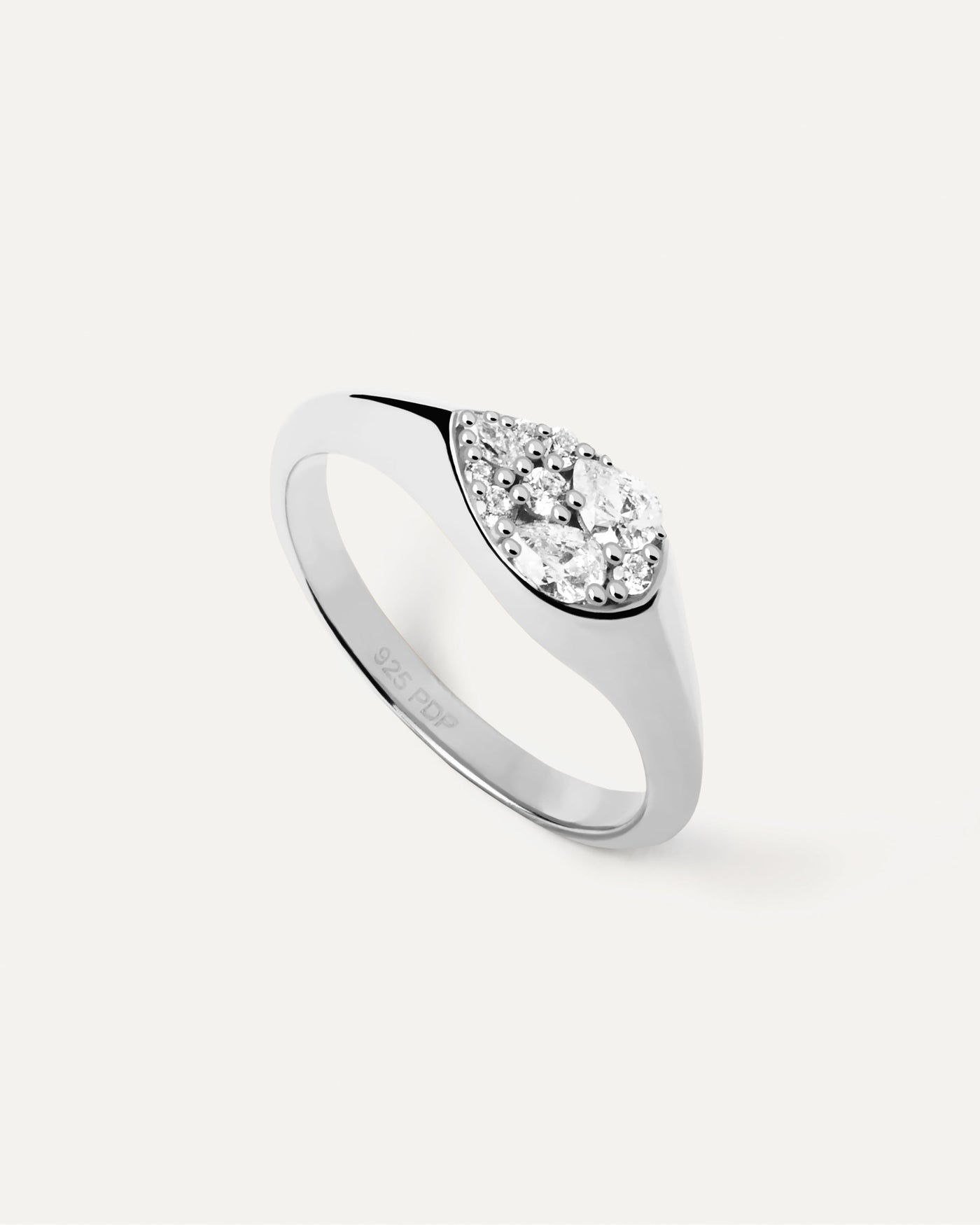 Sterling silver signet ring set with pear shape white zirconia mult. Vanilla Siegelring Aus Silber PDPAOLA