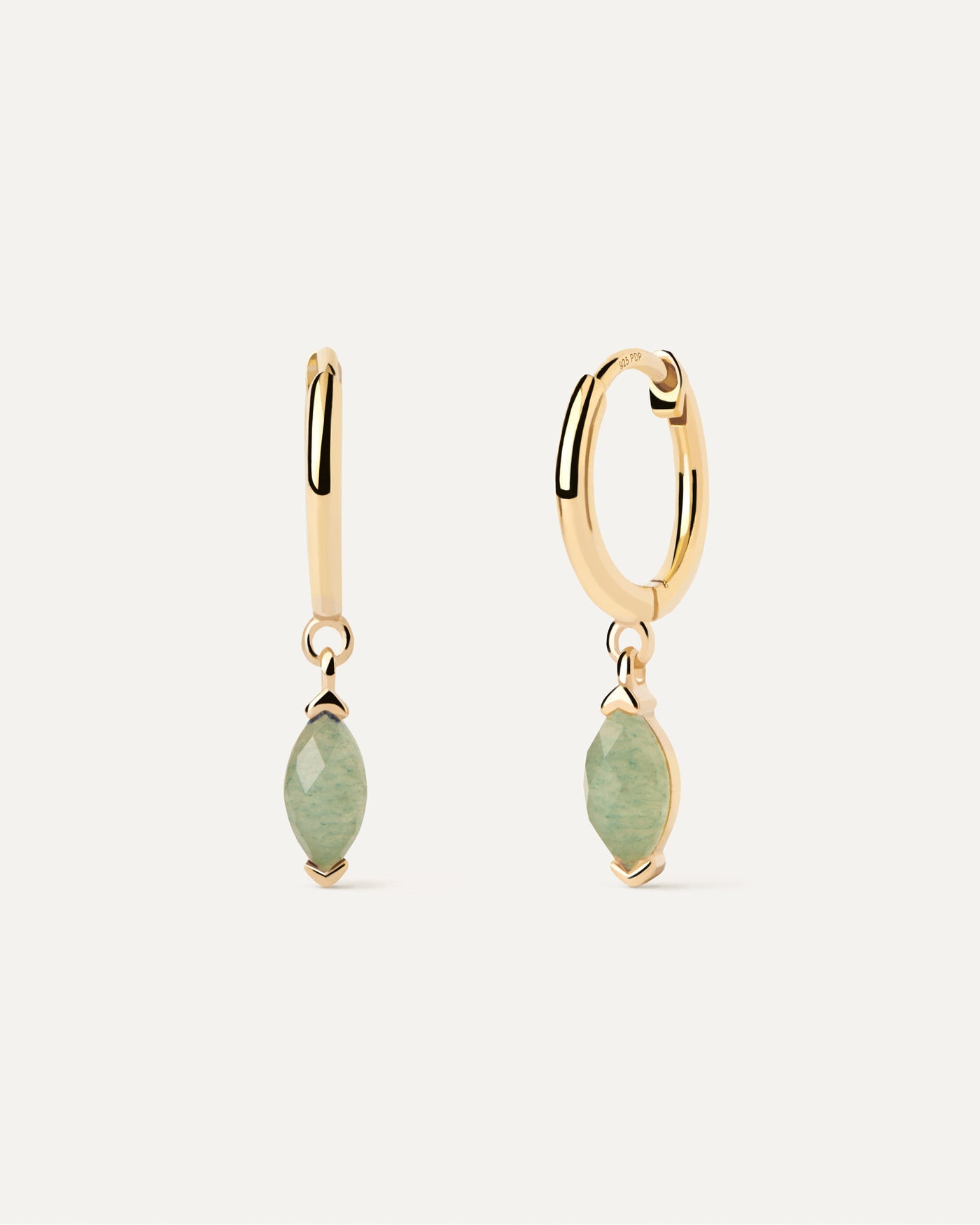 2023 Selection | Green Aventurine Nomad Hoops. Gold-plated drop hoops with pear shape green gemstone pendant. Get the latest arrival from PDPAOLA. Place your order safely and get this Best Seller. Free Shipping.
