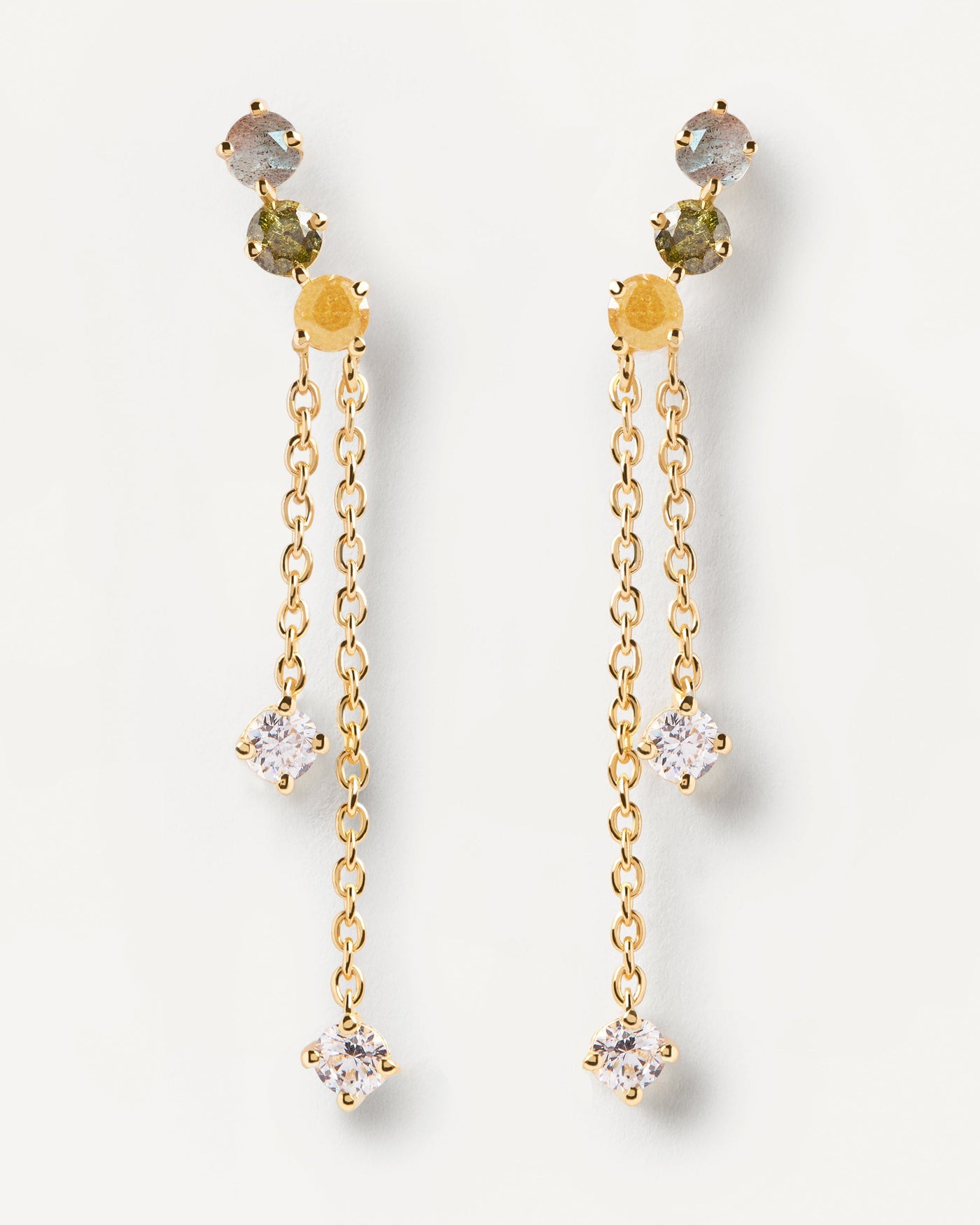 2023 Selection | Sena Earrings. Long drop chain earrings with labradorite. Get the latest arrival from PDPAOLA. Place your order safely and get this Best Seller. Free Shipping.