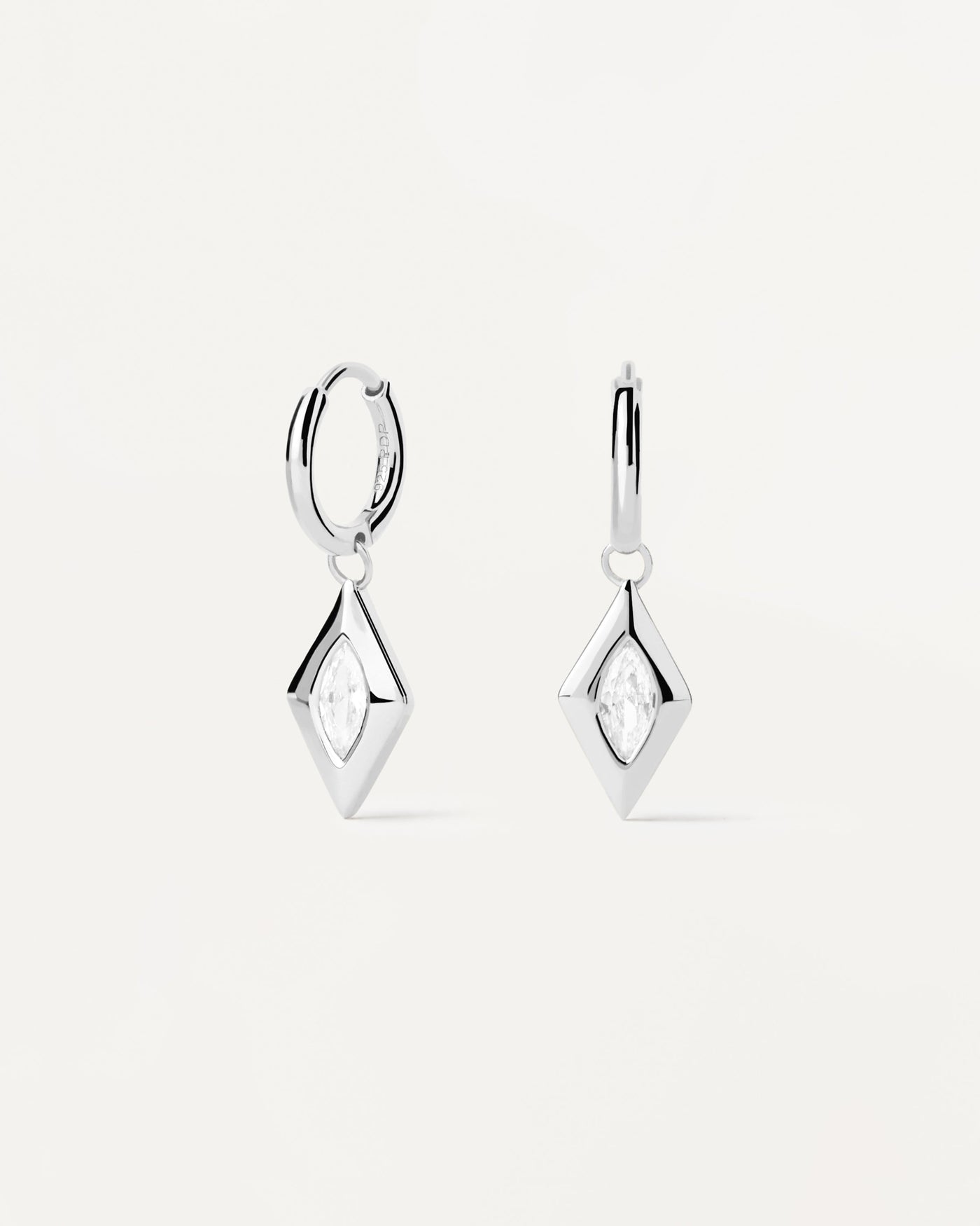 2023 Selection | Kate Drop Silver Hoops. Silver hoop earrings with hanging rhombus set with oval zirconia. Get the latest arrival from PDPAOLA. Place your order safely and get this Best Seller. Free Shipping.
