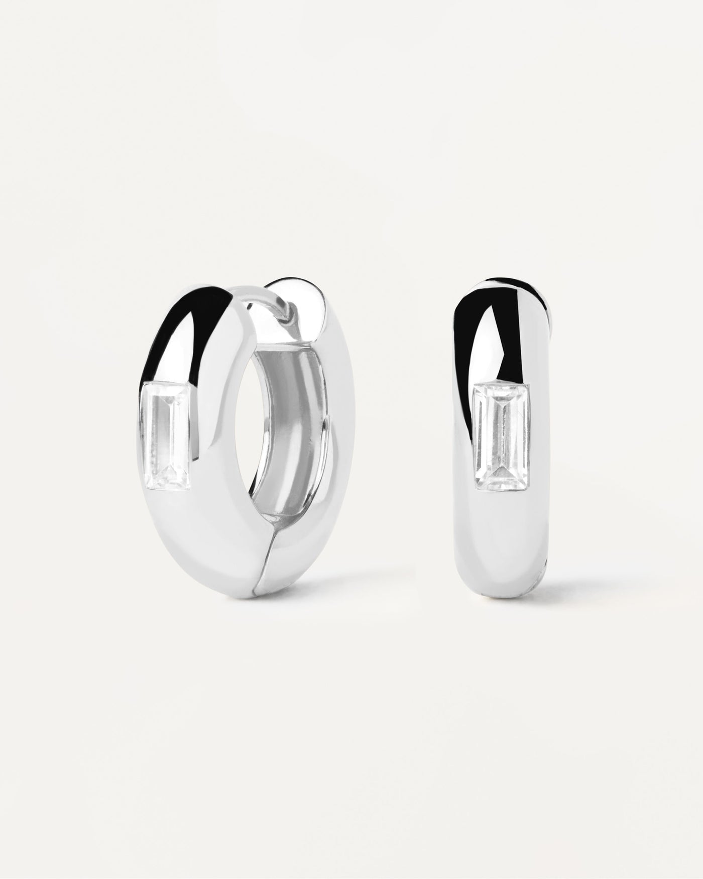 2023 Selection | Kali Silver Hoop Earrings. Bold hoop earrings in sterling silver with rectangular white zirconia. Get the latest arrival from PDPAOLA. Place your order safely and get this Best Seller. Free Shipping.