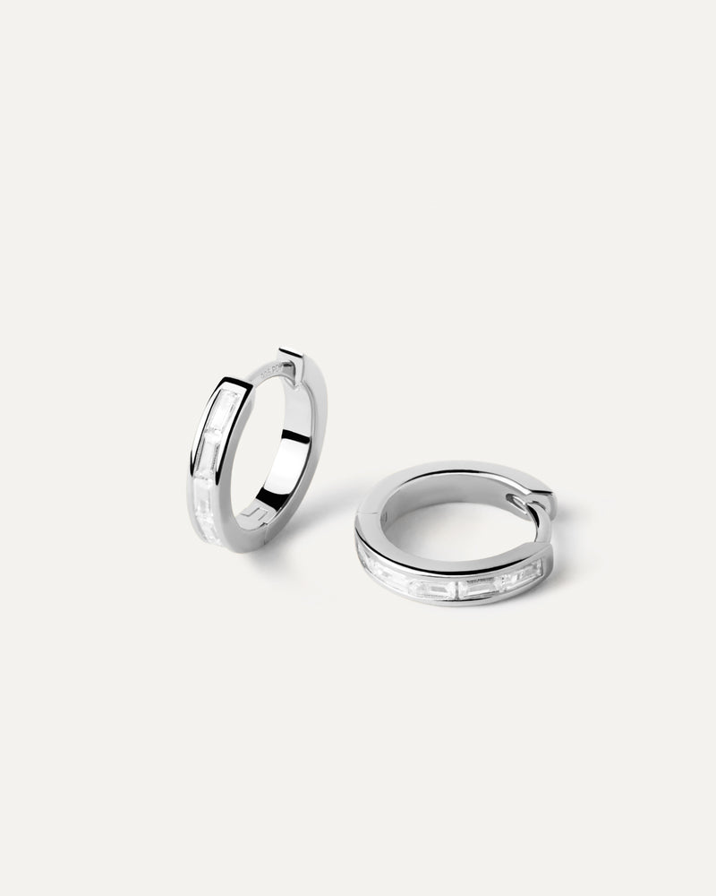 Minimal silver hoops set with rectangular cut white zirconia