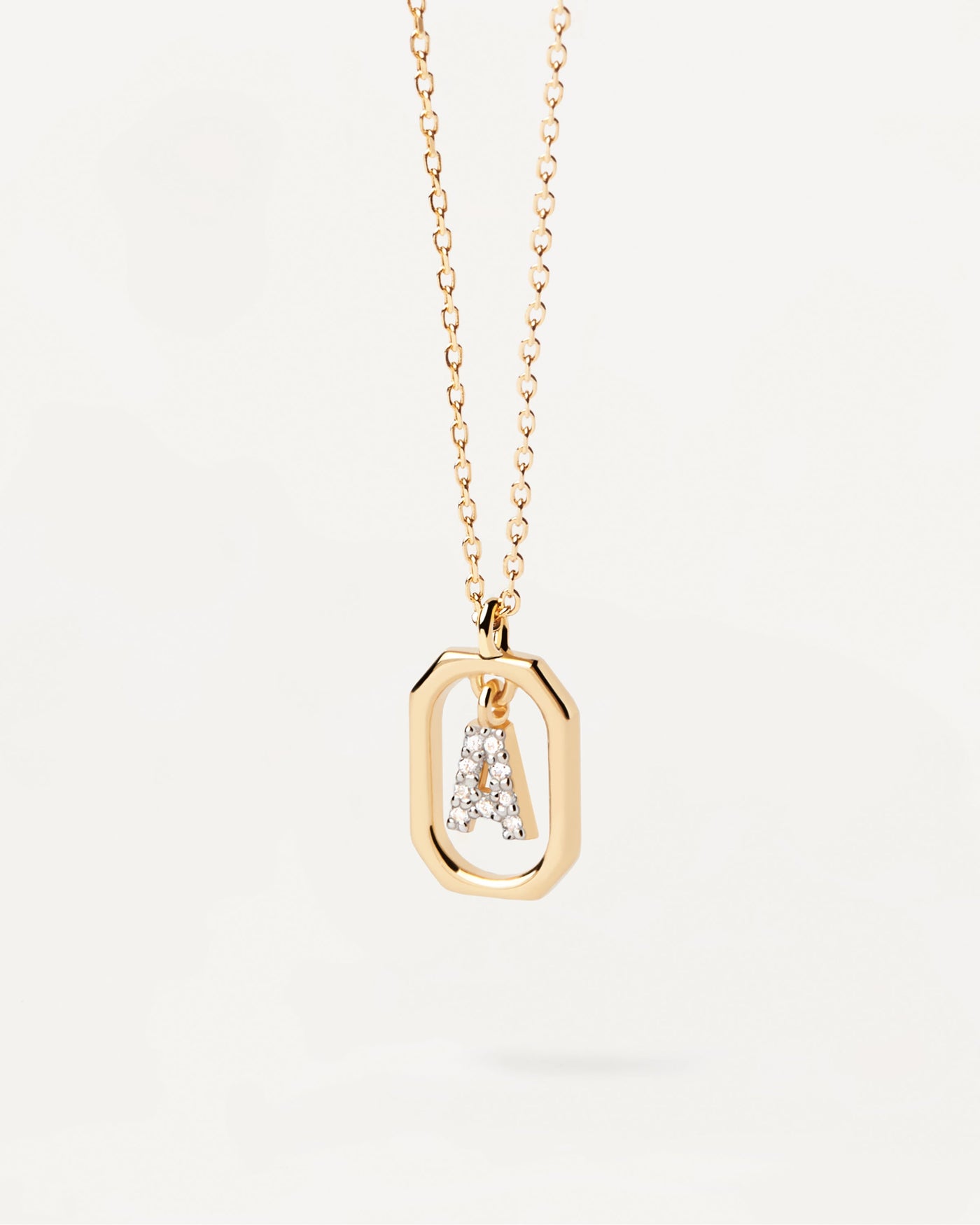 2023 Selection | Mini Letter A Necklace. Small initial A necklace in zirconia inside gold-plated silver octagonal pendant. Get the latest arrival from PDPAOLA. Place your order safely and get this Best Seller. Free Shipping.