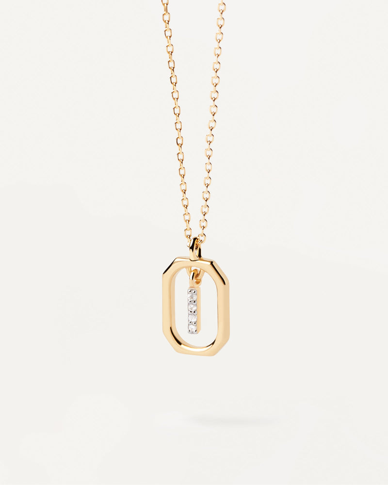 Ciondolo ottagonale piccolo in argento placcato oro con iniziale I in zirconii
