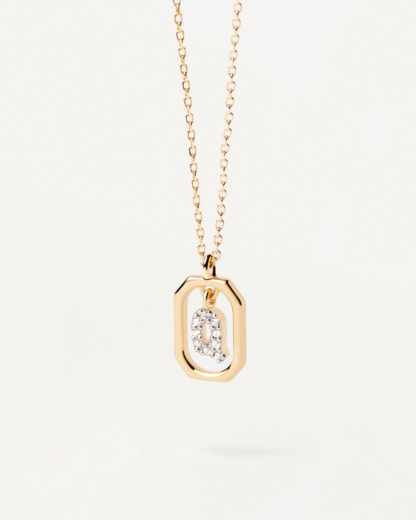 2023 Selection | Mini Letter Q Necklace. Small initial Q necklace in zirconia inside gold-plated silver octagonal pendant. Get the latest arrival from PDPAOLA. Place your order safely and get this Best Seller. Free Shipping.