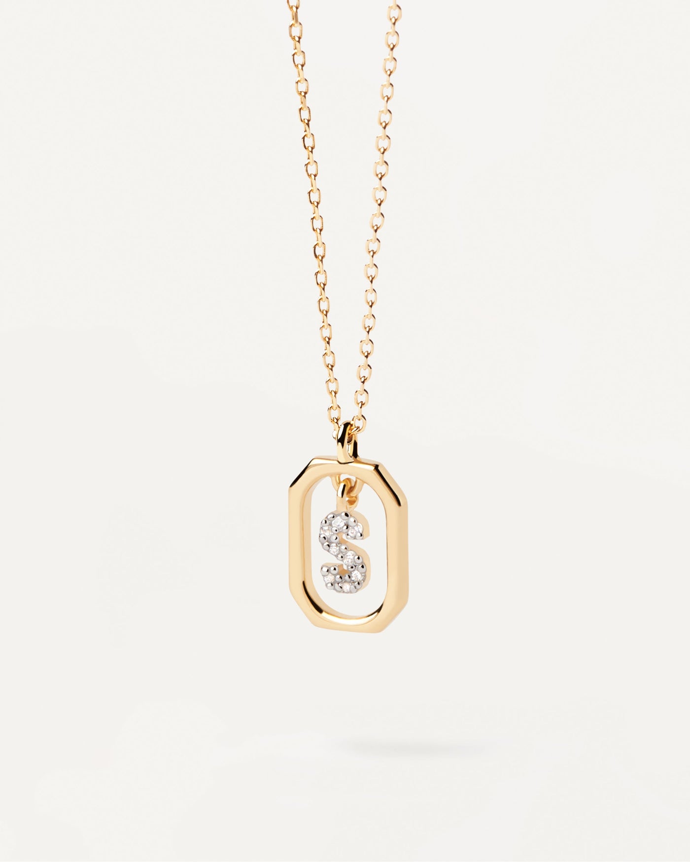 Small initial S necklace in zirconia inside gold plated silver octa. Mini Letter S Necklace PDPAOLA