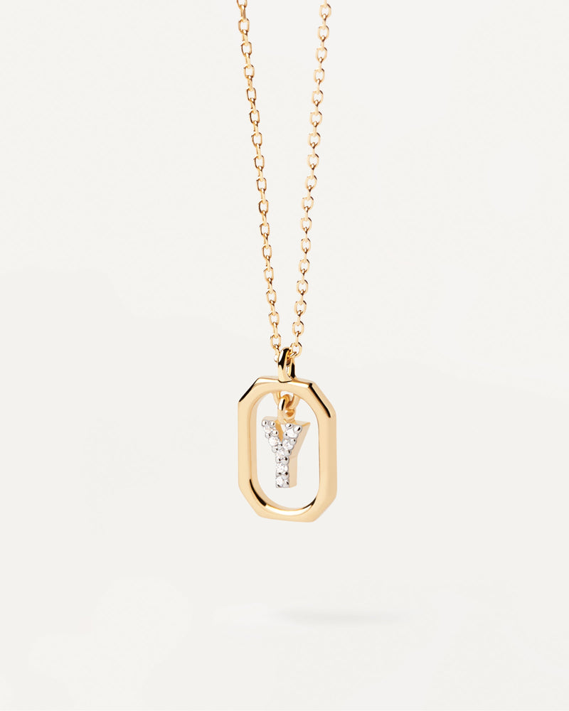 Ciondolo ottagonale piccolo in argento placcato oro con iniziale Y in zirconii