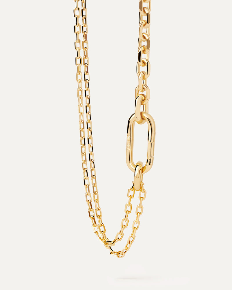 Gold-plated double chain necklace with bold clasp and asymmetrical links