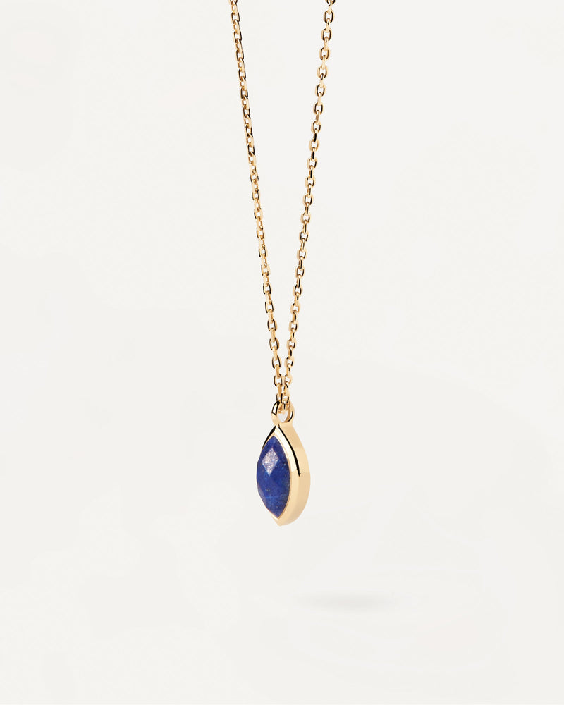 Gold-plated chain necklace with marquise cut blue gemstone pendant