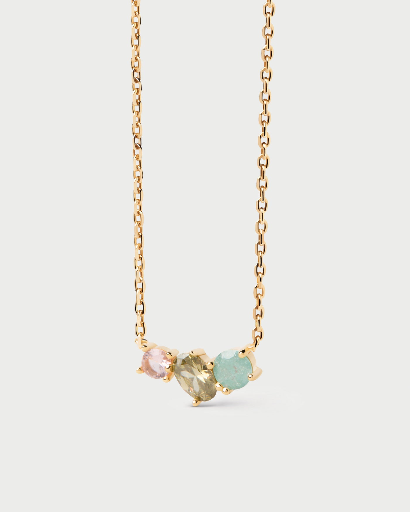 Dainty necklace adorned with three multicolor zirconia that graduate in size and shape