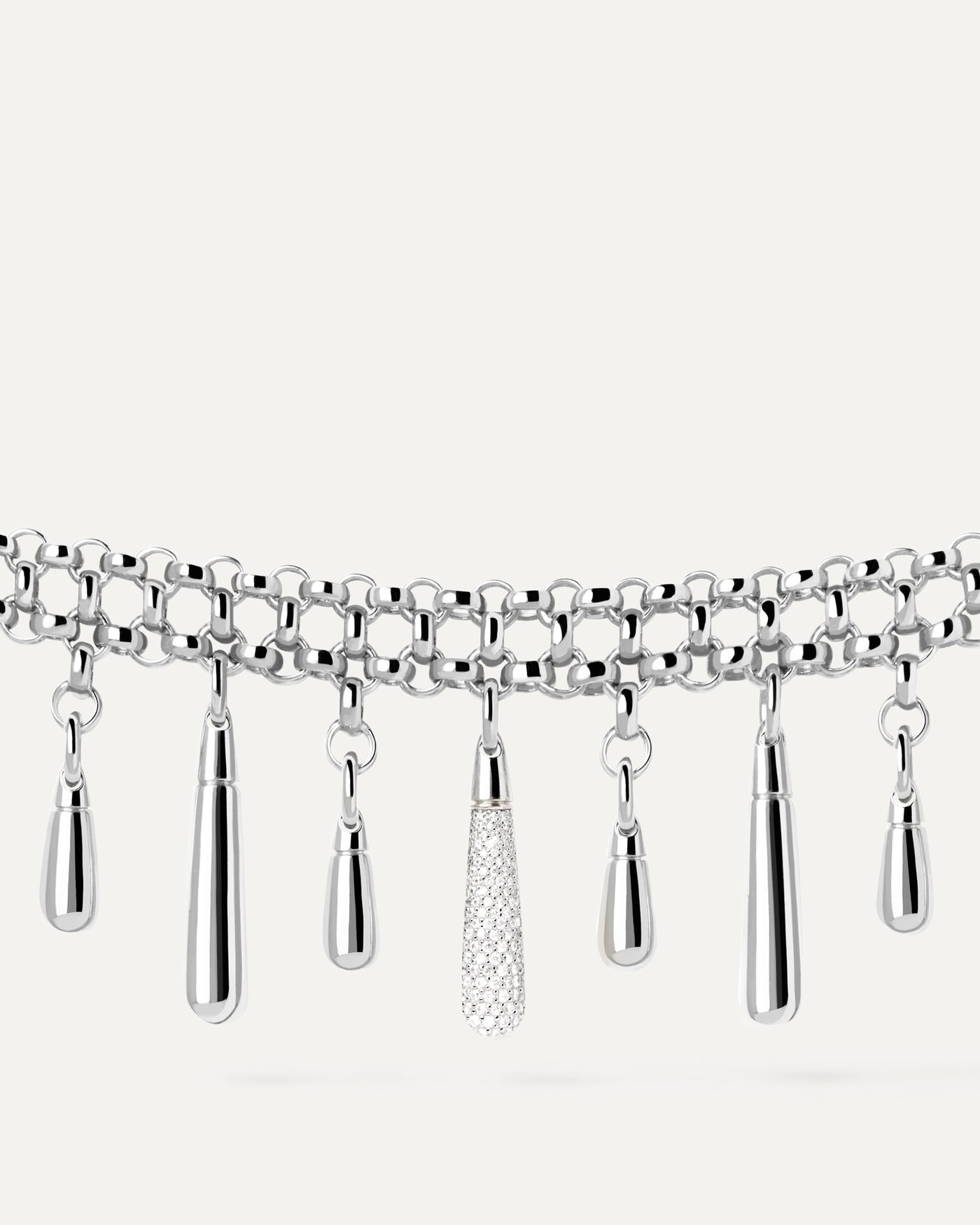 Silver glam double chain choker necklace with silver and pave drop Jelly Silver Choker Necklace PDPAOLA