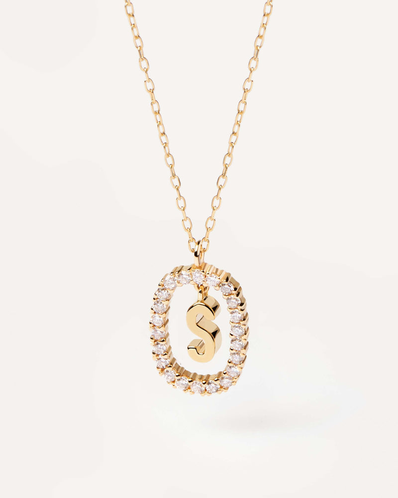 Initial S necklace in solid yellow gold, circled by 0.33 carats lab-grown diamonds