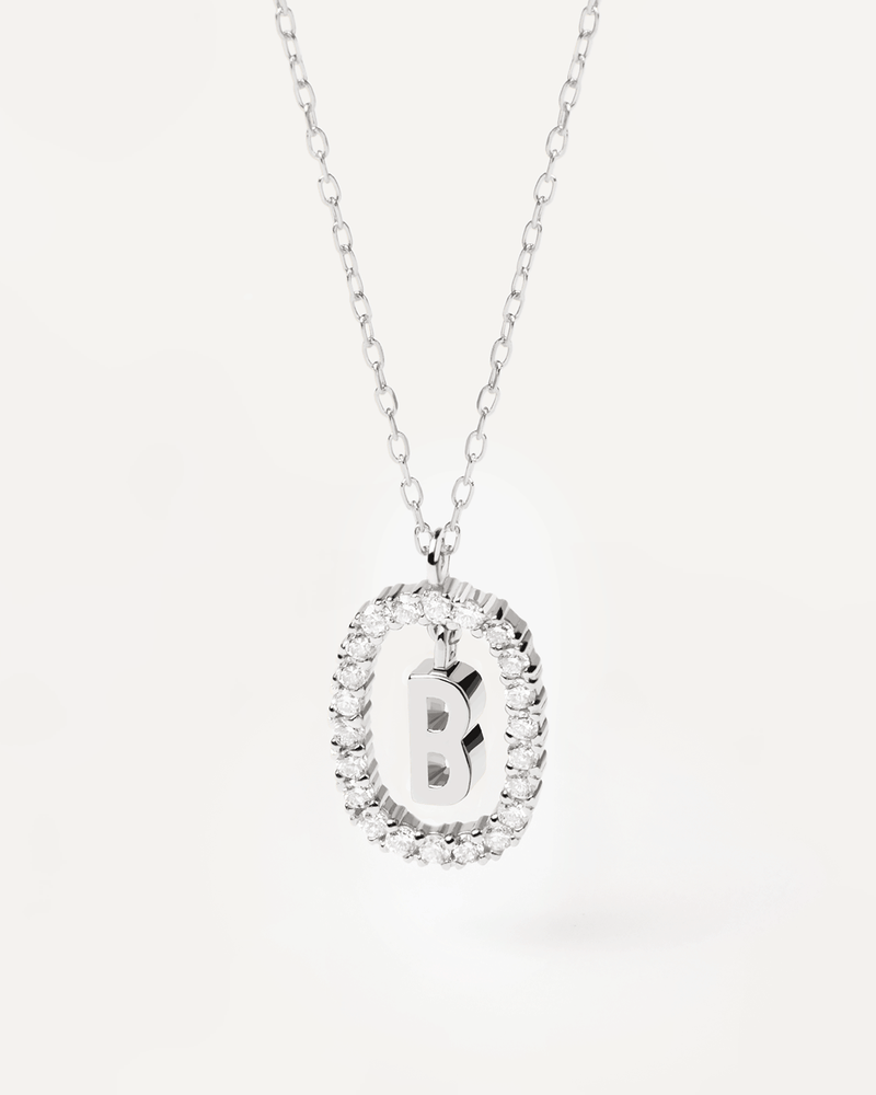 Collana in Diamanti E Oro Bianco Con Lettera B - 
  
    Oro bianco 18K / Placcatura in argento rodiato
  
