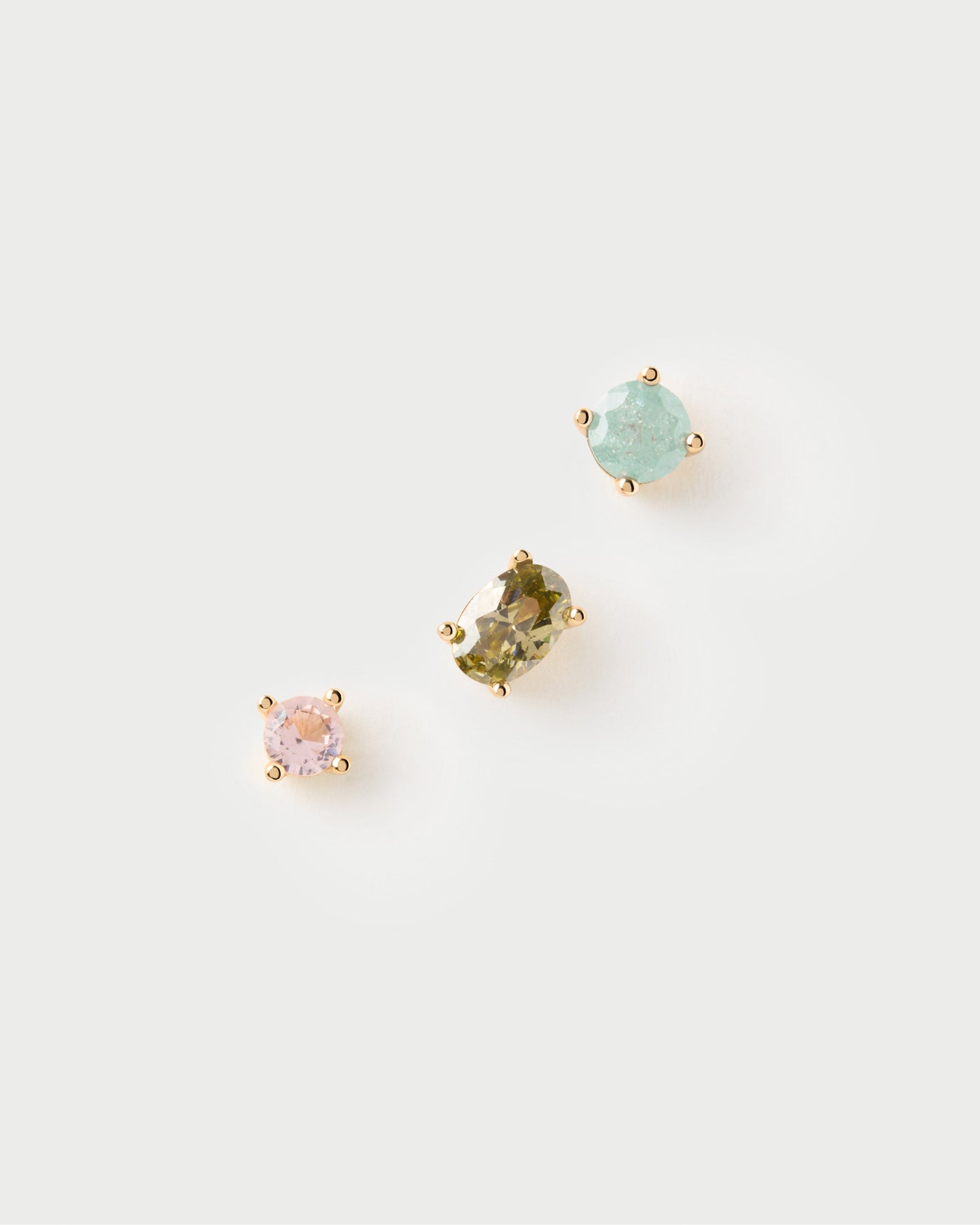 Set of 3 dainty earrings with multicolor zirconia in different sizes and shapes
