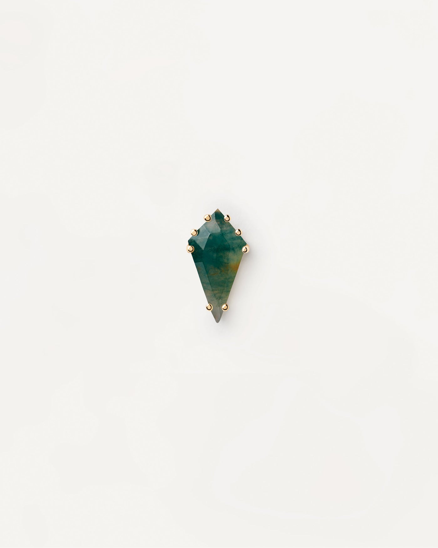 2023 Selection | Akiro Moss Agate Single Earring. Gold-plated pin ear piercing with dark green gemstone in pointy shape. Get the latest arrival from PDPAOLA. Place your order safely and get this Best Seller. Free Shipping.