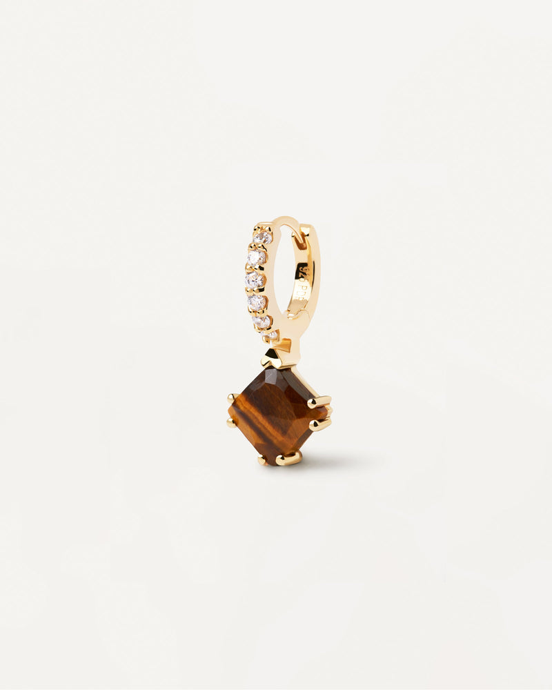 Gold-plated hoop ear piercing with white zirconia and brown squared gemstone pendant