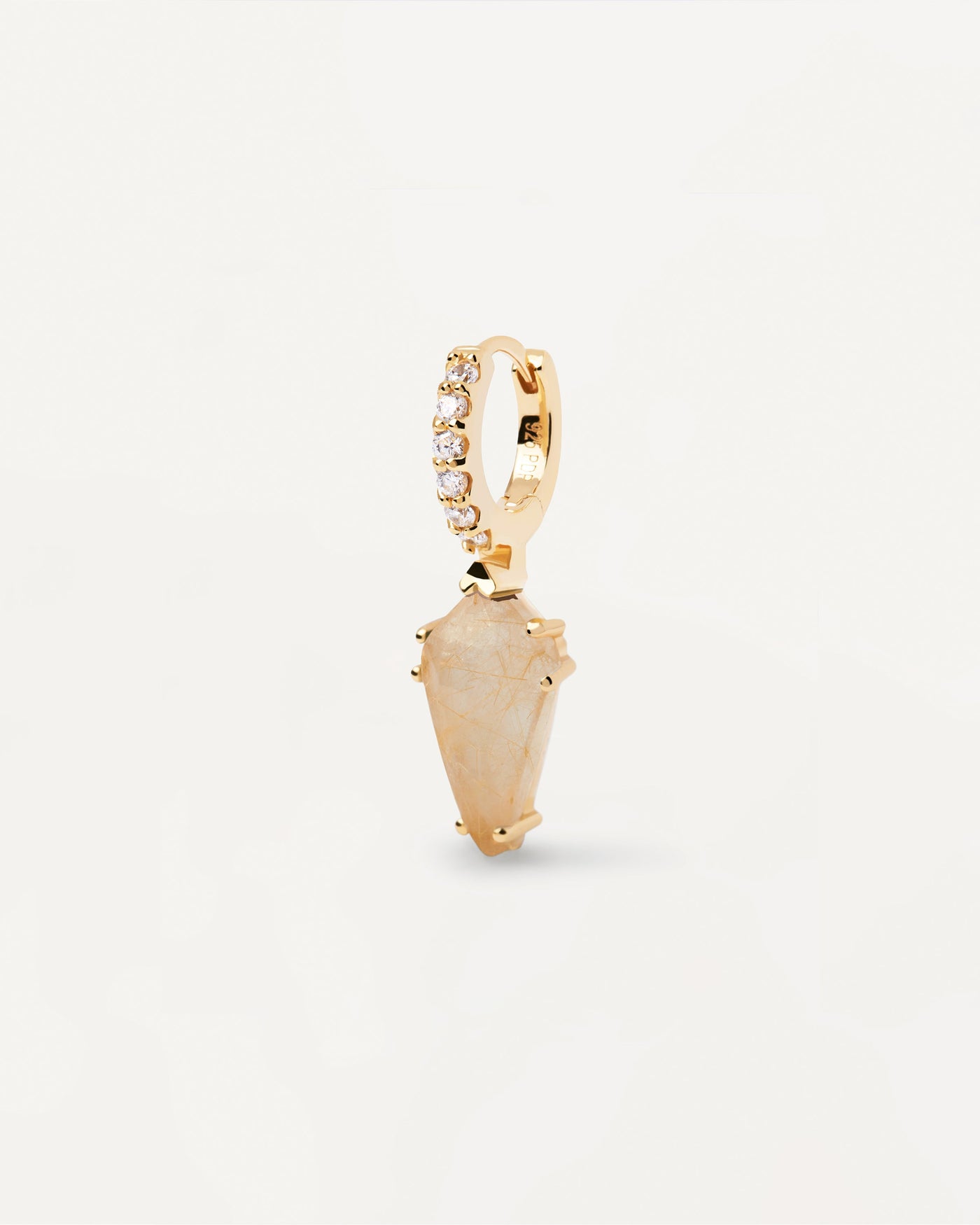 2023 Selection | Naoki Rutilated Quartz Single Earring. Gold-plated hoop ear piercing with white zirconia and beige pointed gemstone pendant. Get the latest arrival from PDPAOLA. Place your order safely and get this Best Seller. Free Shipping.