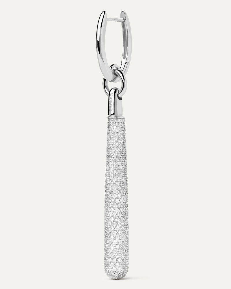 Silver single hoop with a long pavé zirconia drop pendant