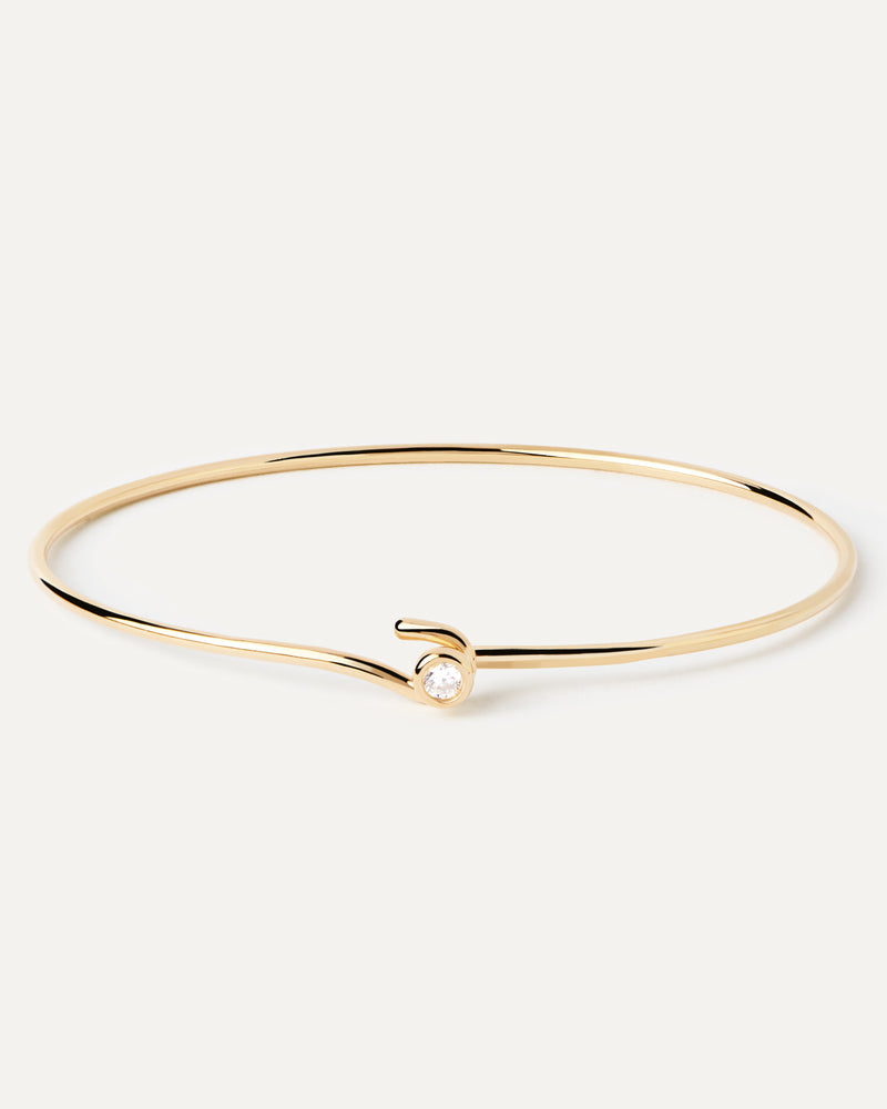 Gold-plated slim hook bangle topped with white zirconia