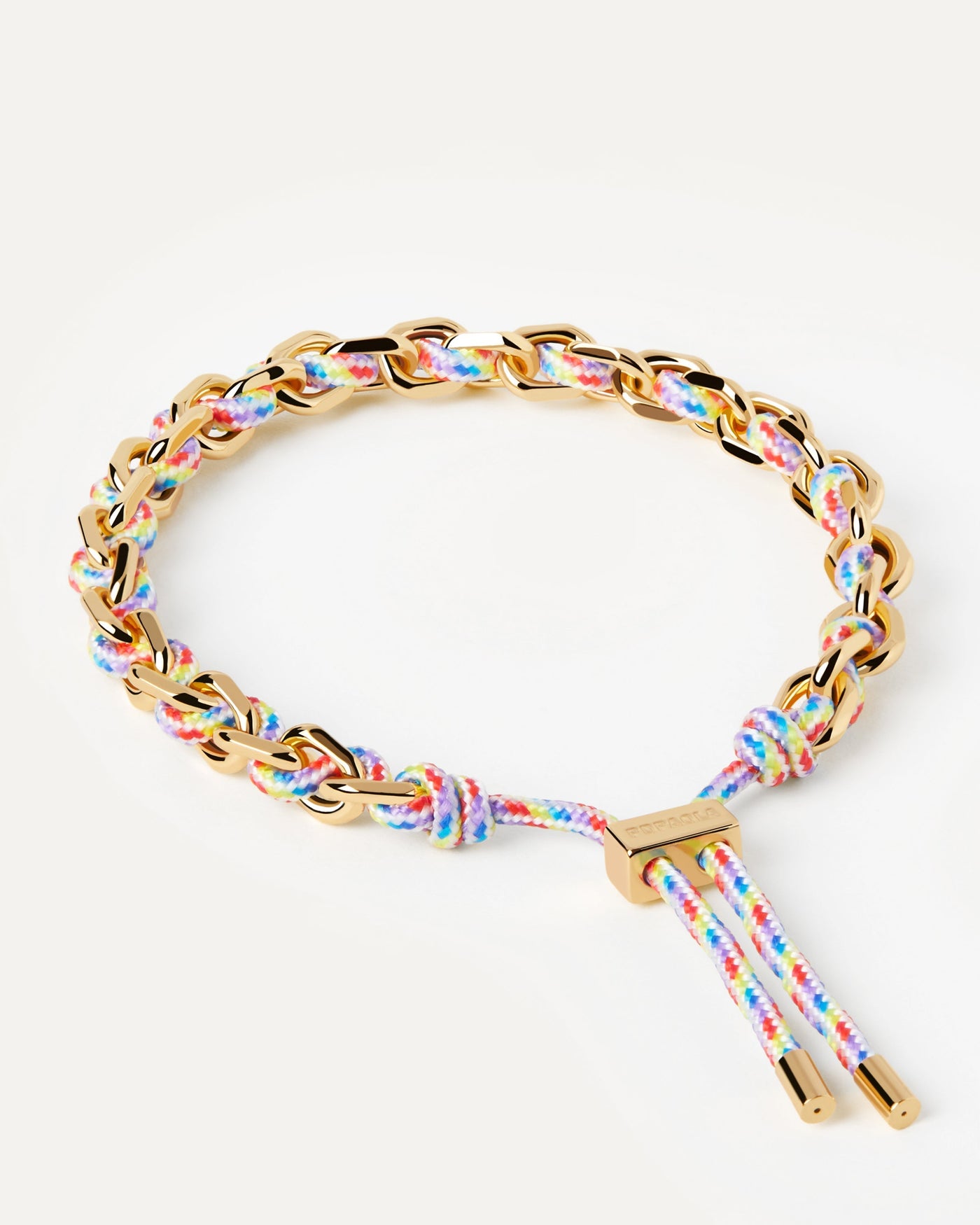 2023 Selection | Prisma Rope and Chain Bracelet. Golden chain bracelet with a multicolor rope adjustable sliding clasp. Get the latest arrival from PDPAOLA. Place your order safely and get this Best Seller. Free Shipping.