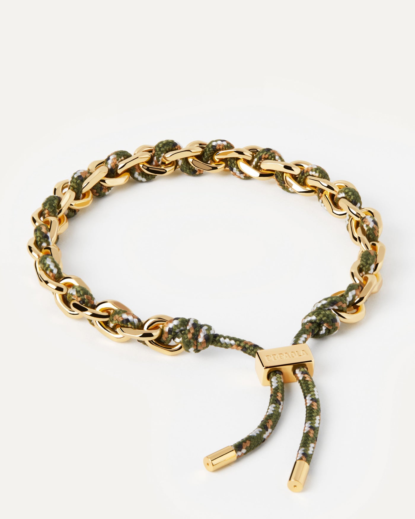 2023 Selection | Cottage Rope and Chain Bracelet. Golden chain bracelet with a forest green rope adjustable sliding clasp. Get the latest arrival from PDPAOLA. Place your order safely and get this Best Seller. Free Shipping.