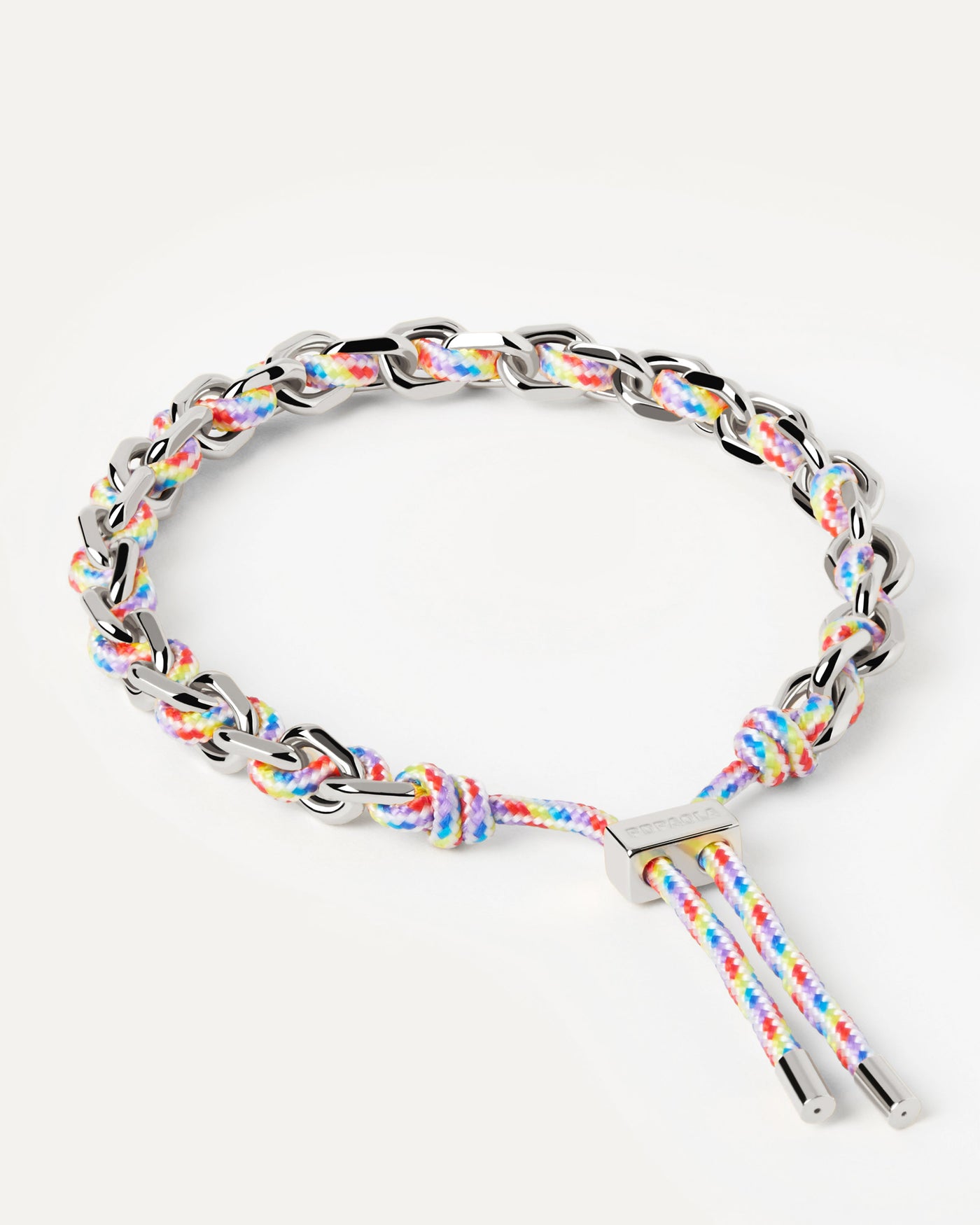 2023 Selection | Prisma Rope and Chain Silver Bracelet. Silver chain bracelet with a multicolor rope adjustable sliding clasp. Get the latest arrival from PDPAOLA. Place your order safely and get this Best Seller. Free Shipping.