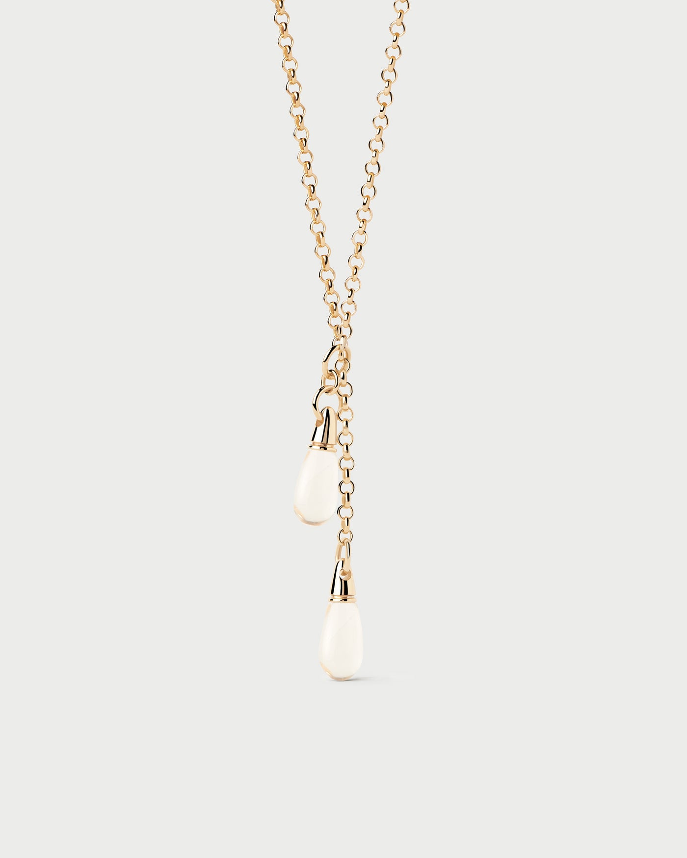 Gold-plated sliding Y chain necklace with two transparent gemstone drop pendants