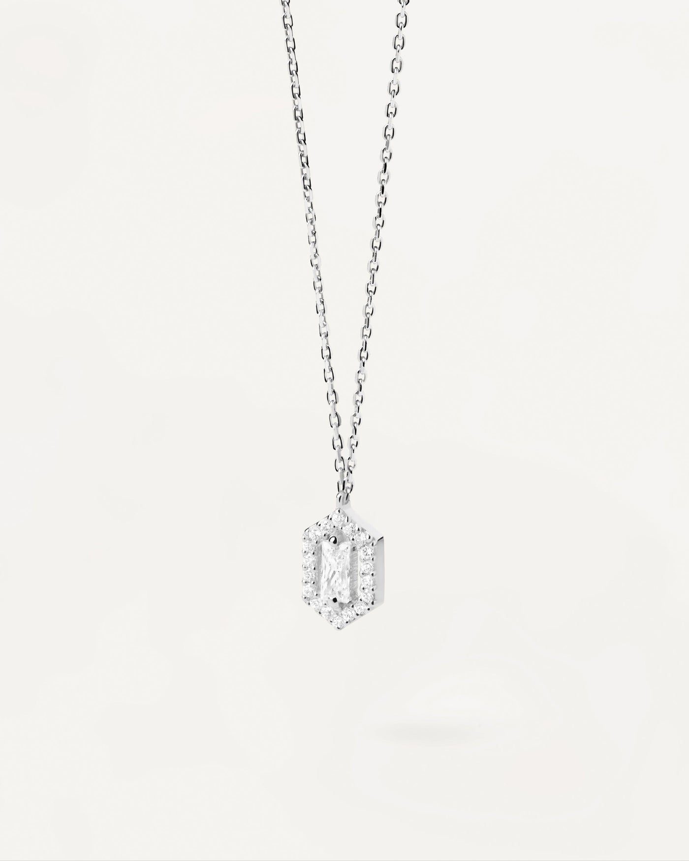 2023 Selection | Sentiment Silver Necklace. Silver necklace with hexagon shape pendant with white zirconia. Get the latest arrival from PDPAOLA. Place your order safely and get this Best Seller. Free Shipping.