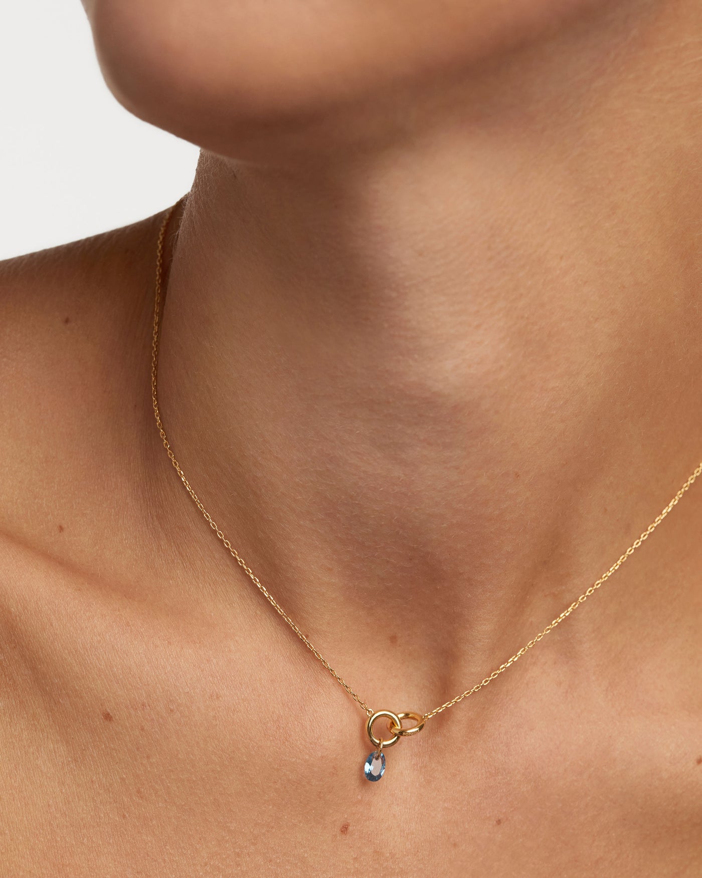 Gold plated necklace featuring two interlinked rings with a blue zi. Blue Lily necklace PDPAOLA