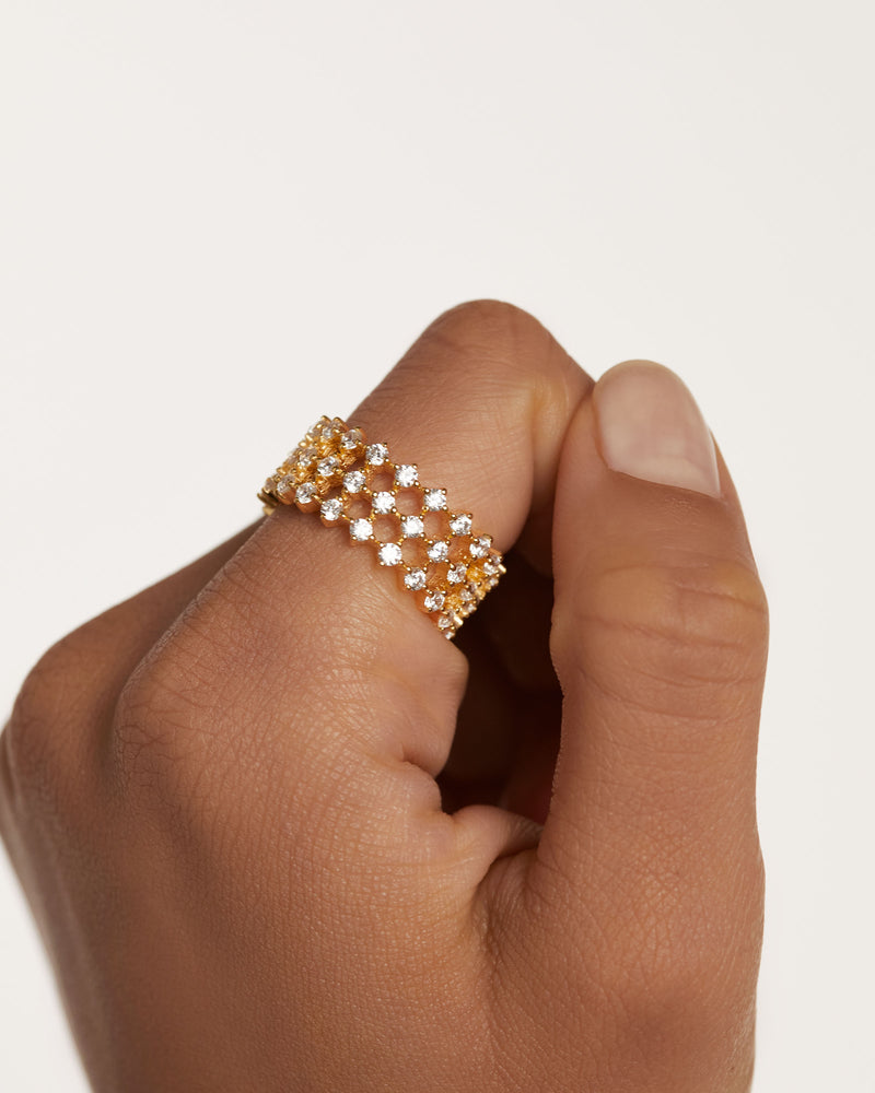 Triple eternity statement ring in gold plated silver with white zir. Dumbo Ring PDPAOLA