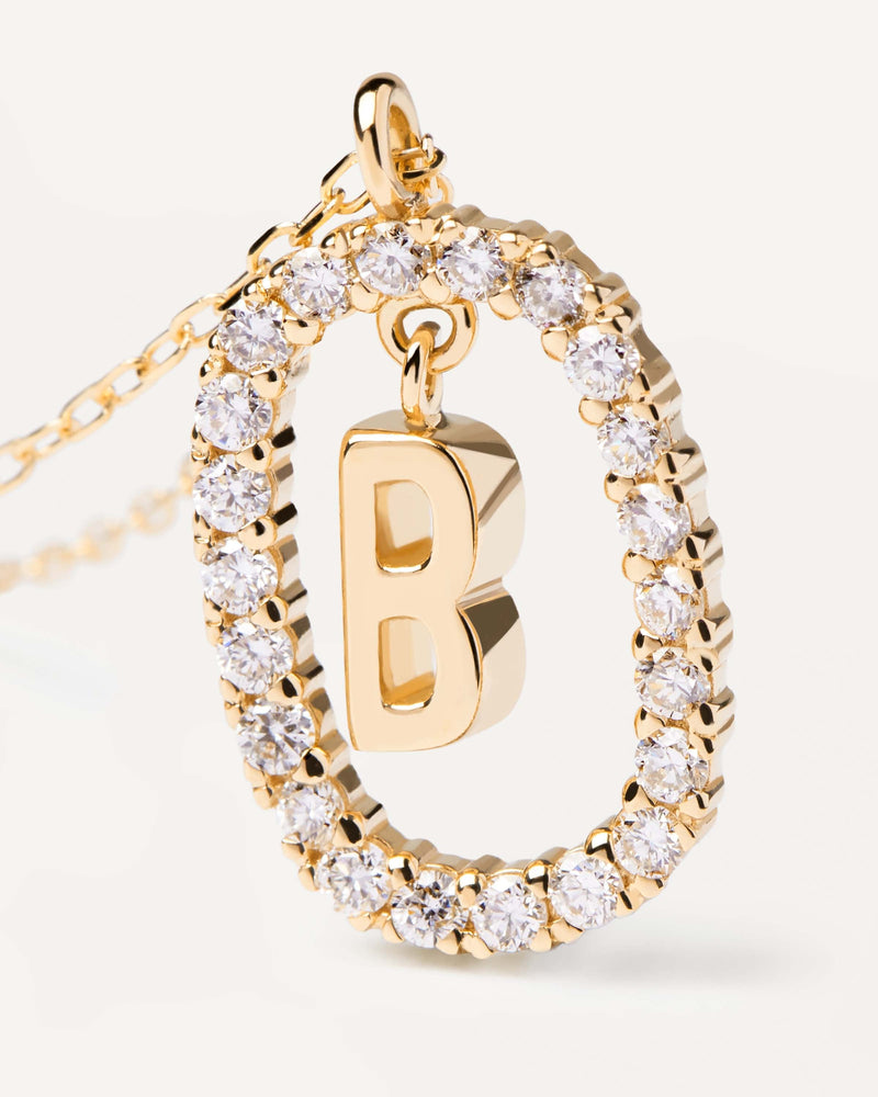 Initial B necklace in solid yellow gold circled by 0.33 carats lab. Diamonds and Gold Letter B Necklace PDPAOLA