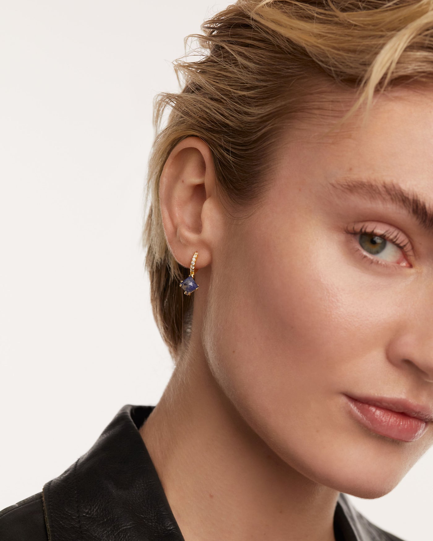 Crystal and zirconia Sodalite ear piercings