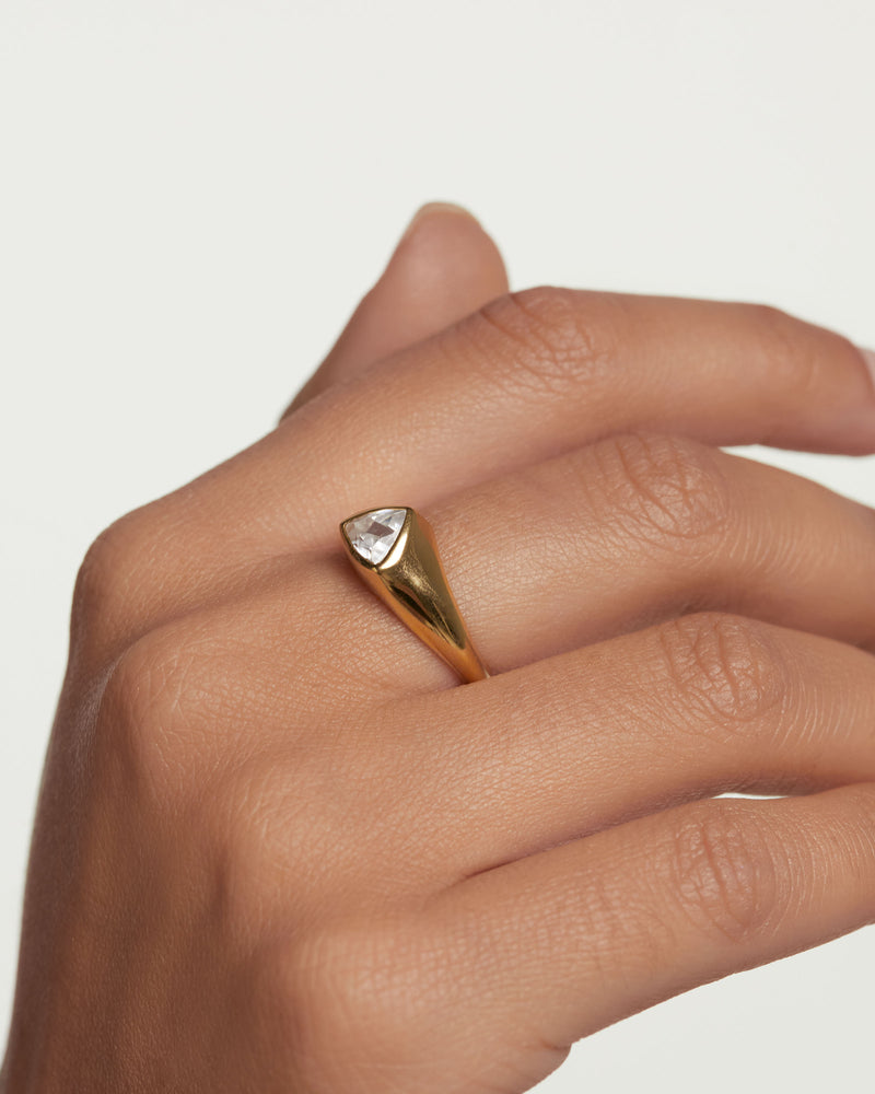 Gold plated silver statement ring with triangular white zirconia Triangle Shimmer Stamp Ring PDPAOLA