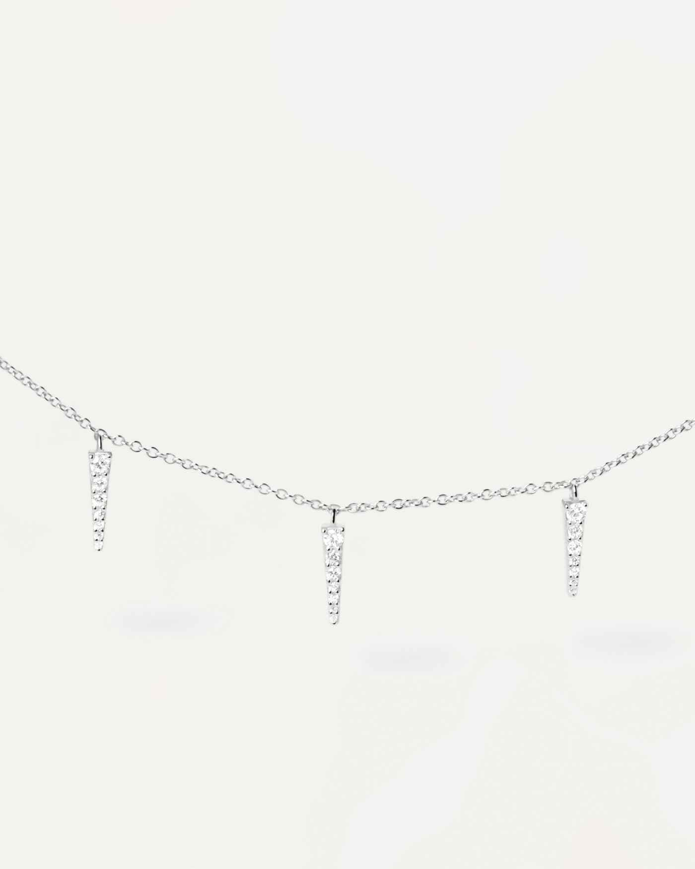 2023 Selection | Peak Supreme Silver Necklace. 925 silver necklace with three pointy pendants of white zirconia. Get the latest arrival from PDPAOLA. Place your order safely and get this Best Seller. Free Shipping.