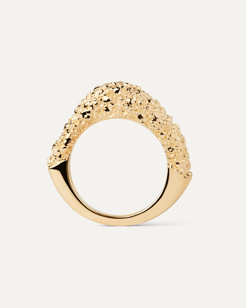 Gold-plated fluid shape stacking ring with contrasting molten texture finish