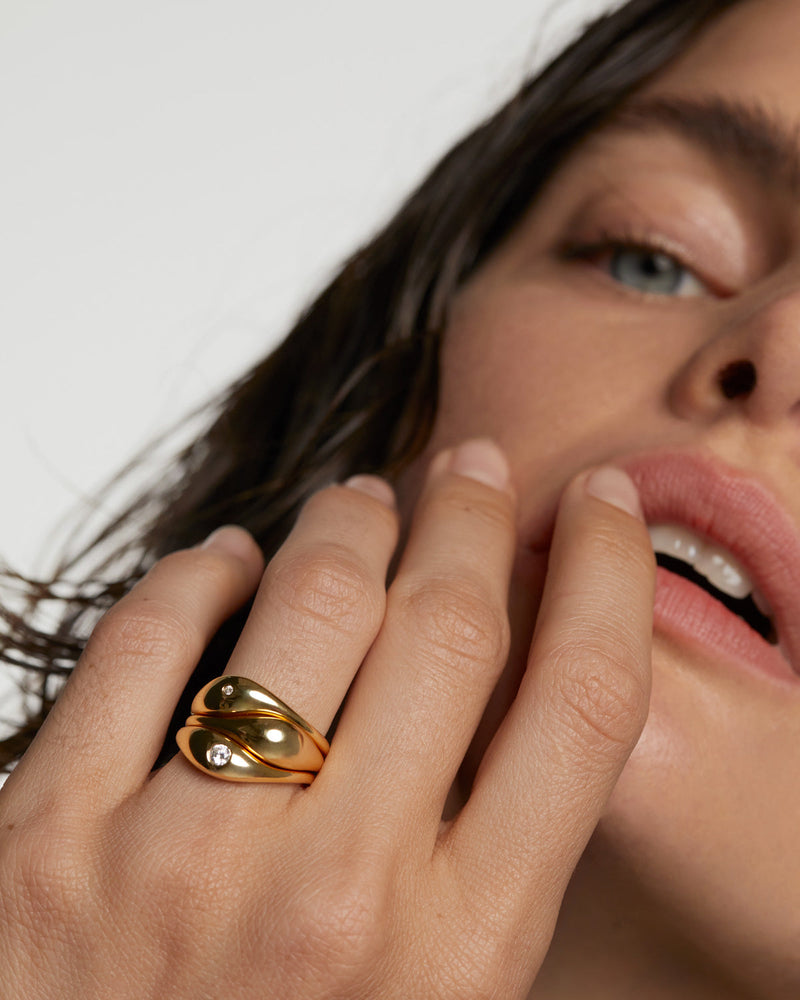 Gold-plated silver set of three signet rings with white zirconia