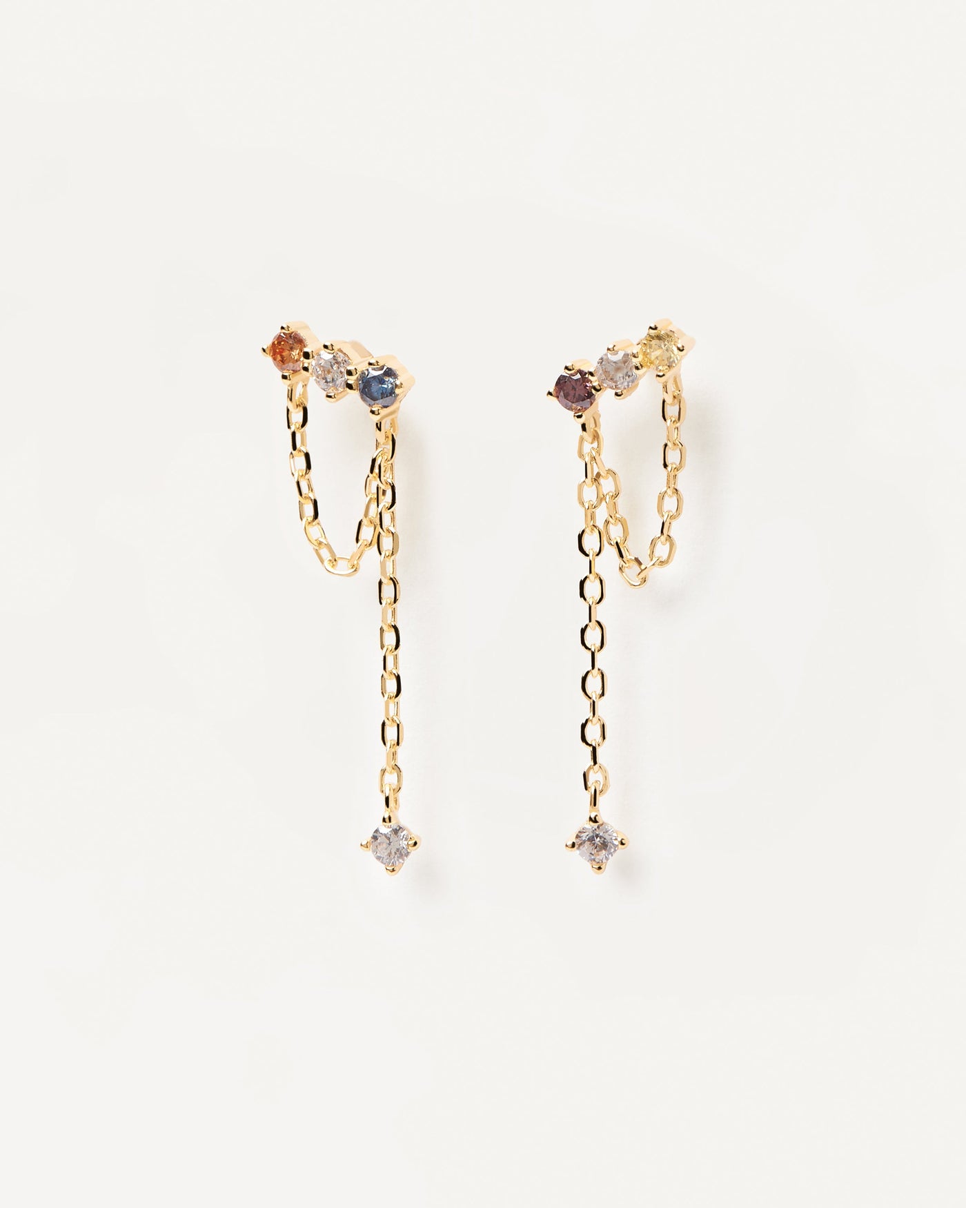 2023 Selection | Mana Earrings. Dainty chain earrings in gold-plated silver with five color stones. Get the latest arrival from PDPAOLA. Place your order safely and get this Best Seller. Free Shipping.