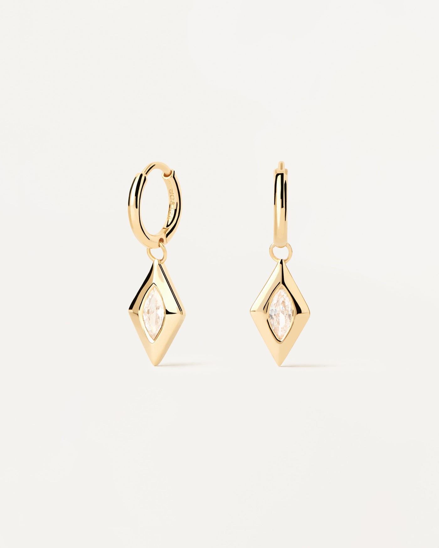 2023 Selection | Kate Drop Hoops. Gold-plated hoop earrings with hanging rhombus set with oval zirconia. Get the latest arrival from PDPAOLA. Place your order safely and get this Best Seller. Free Shipping.