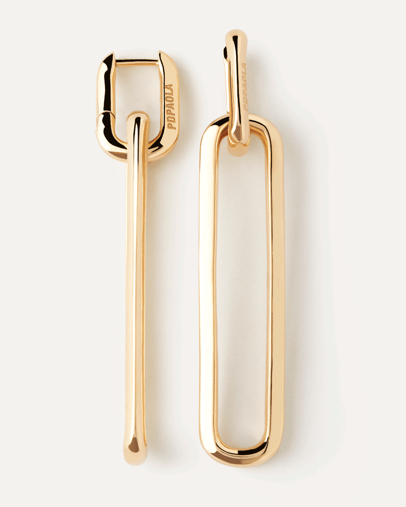 Gold-plated geometric oval drop earrings with removable interlinking paperclip chain