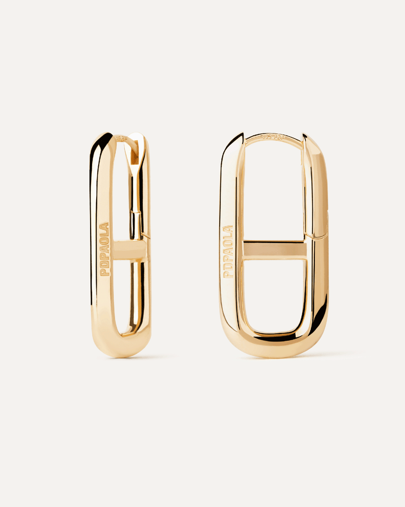 Gold-plated geometric oval hoop earrings with horizontal crossbar